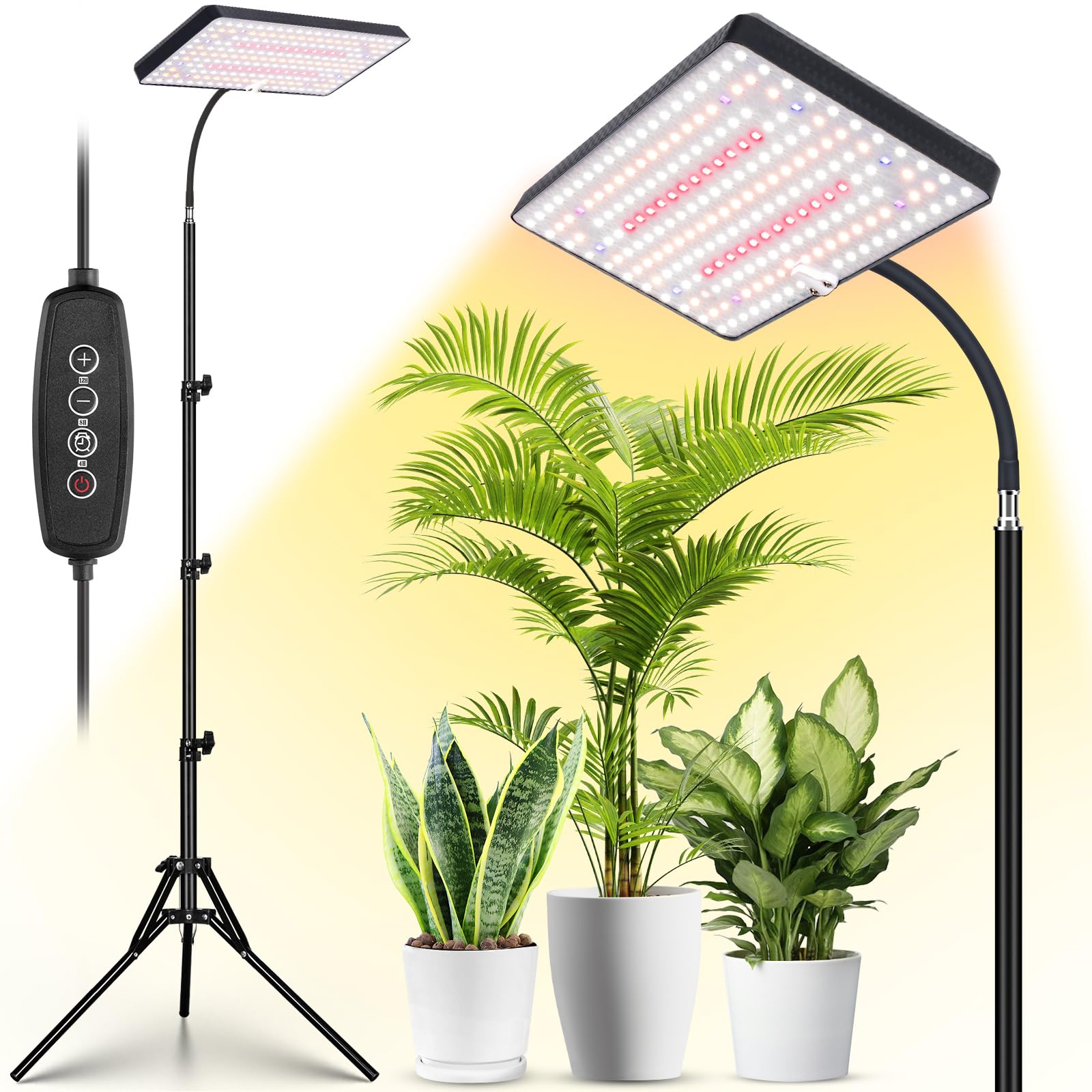 LBW Grow Light full-spectrum on stand promotes vibrant indoor plant growth.
