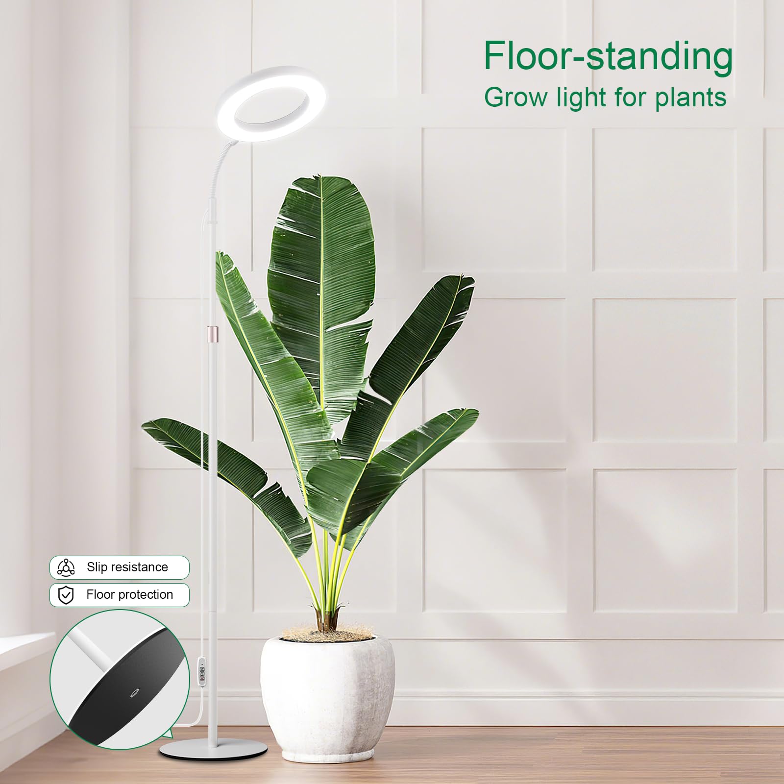 LBW Grow Light height-adjustable stand fits tall plants and tight corners.