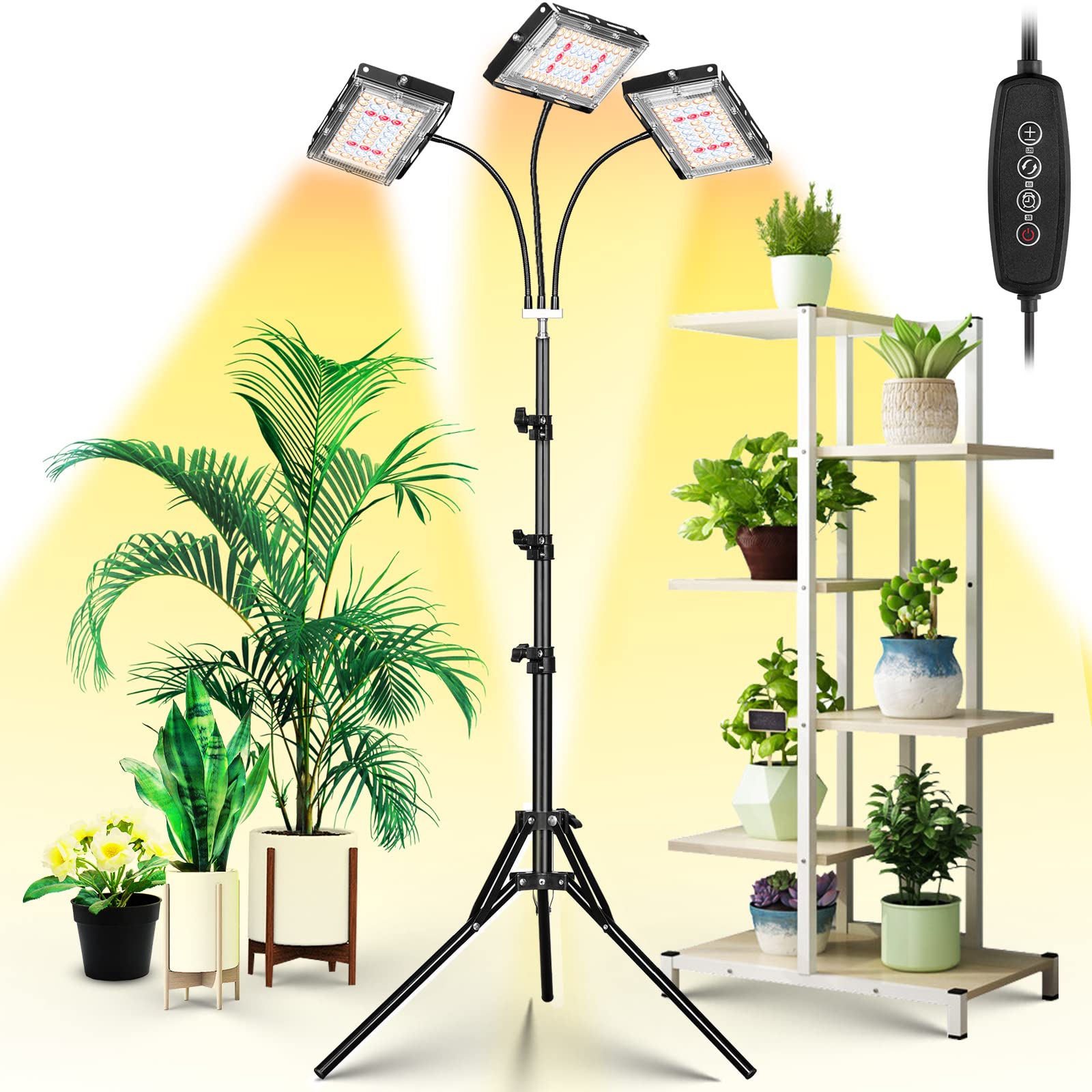 LBW Grow Light tri-head with adjustable arm providing even indoor plant illumination.