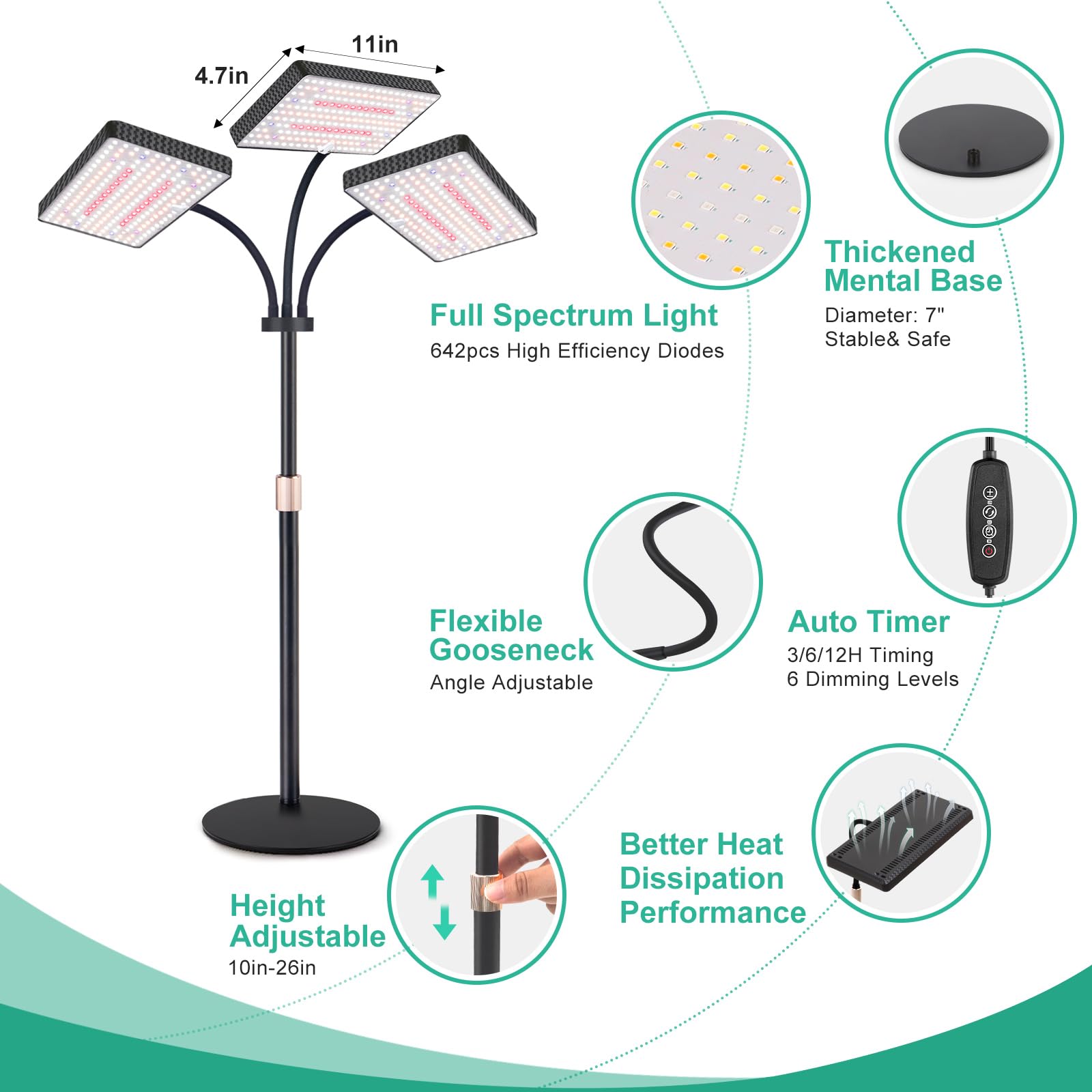 LBW height-adjustable stand supports plants from seedling to mature size.