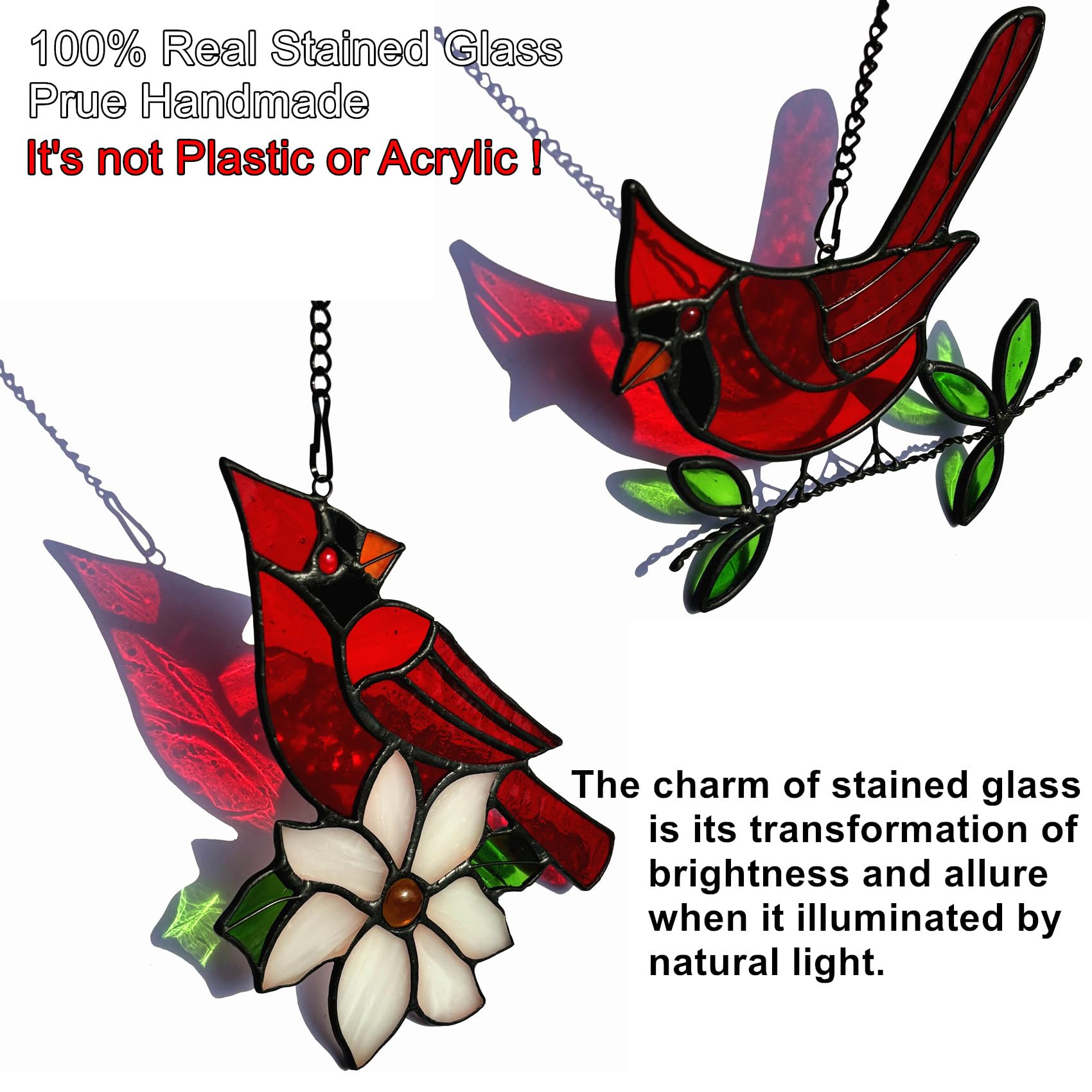 Lcensp stained-glass cardinal ornament hanging on a window