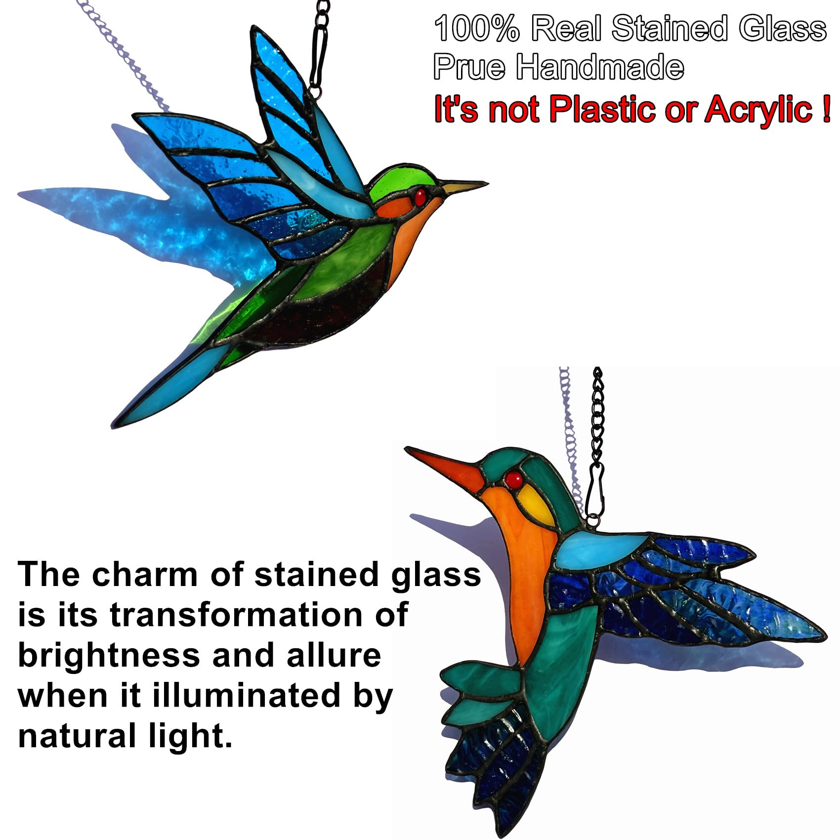 Lcensp stained glass hummingbird close-up highlighting intricate color patterns.