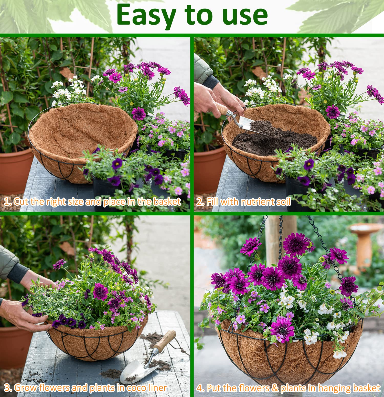 Outdoor balcony display using LCHUANG coco liners for greenery.