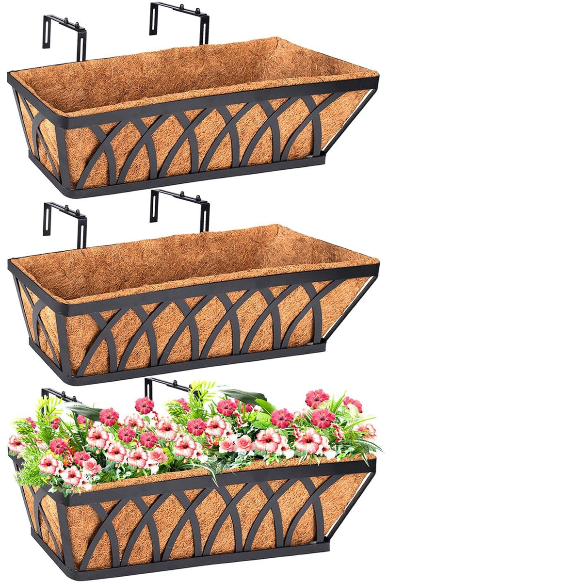 LCHUANG deck railing planter 24in three-pack enhances outdoor spaces with lush greenery.