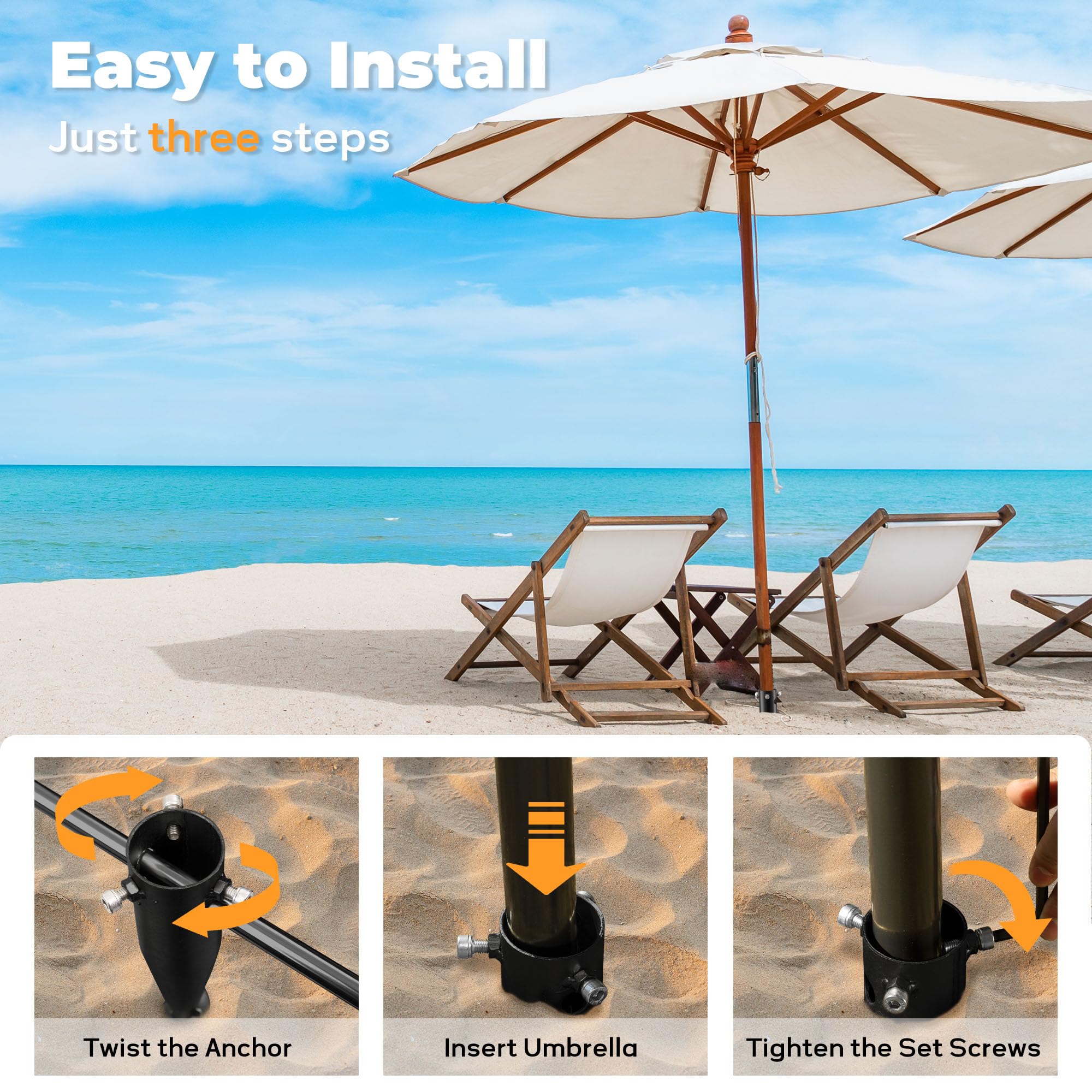 Lcokeiy grass-ground-use anchor secures umbrellas beyond the sand on soft surfaces.