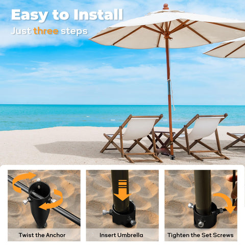 Lcokeiy grass-ground-use anchor secures umbrellas beyond the sand on soft surfaces.