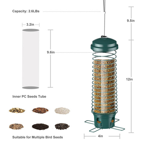LCSEVEN Bird Feeder shows seeds through a clear inner tube for easy monitoring.