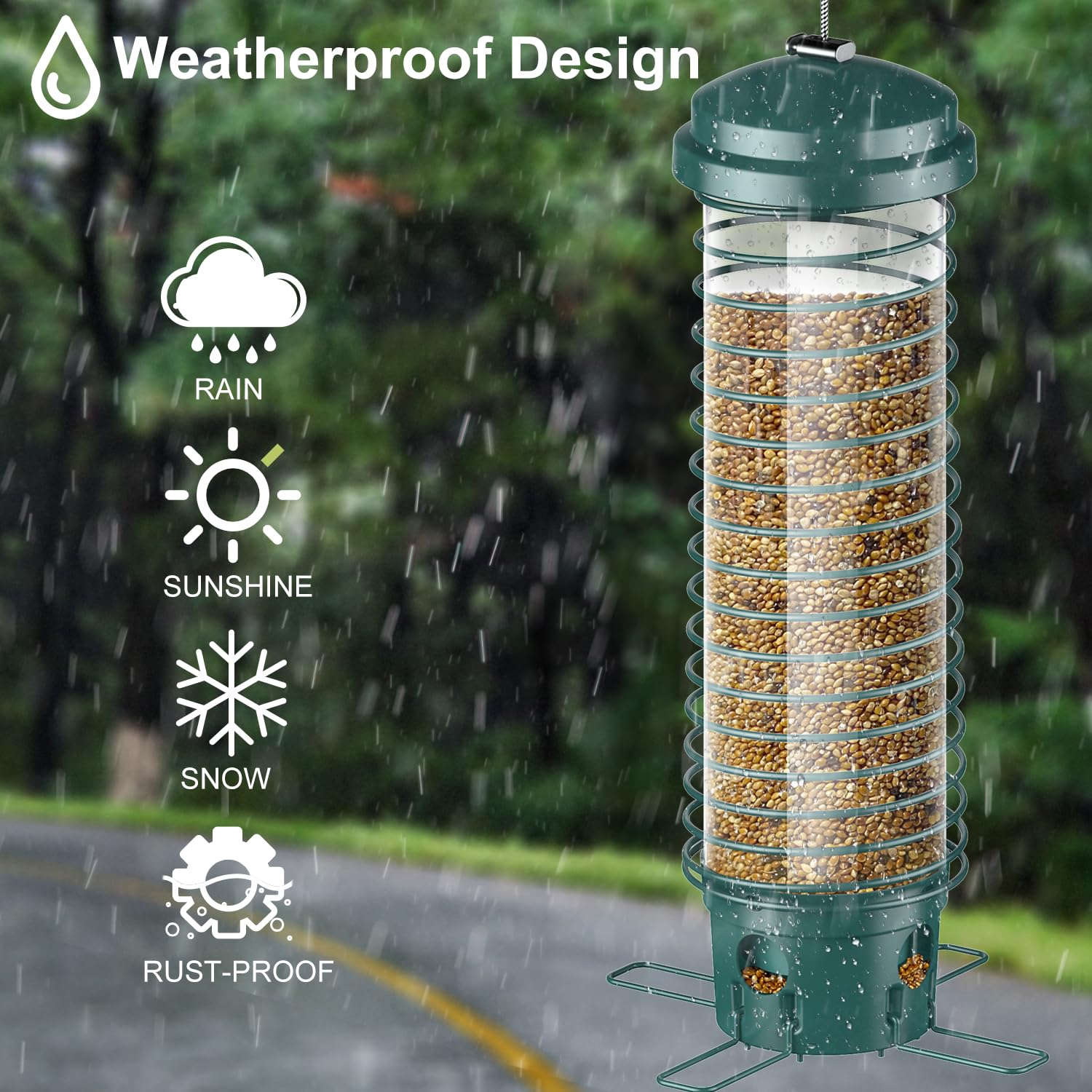 LCSEVEN Bird Feeder features weather-resistant coating and roof to protect seeds.