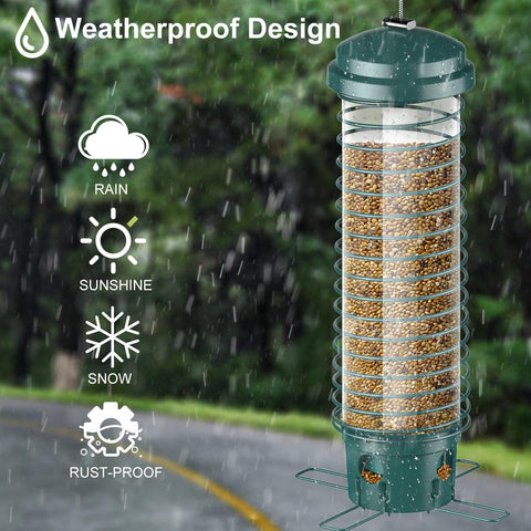 LCSEVEN Bird Feeder features weather-resistant coating and roof to protect seeds.
