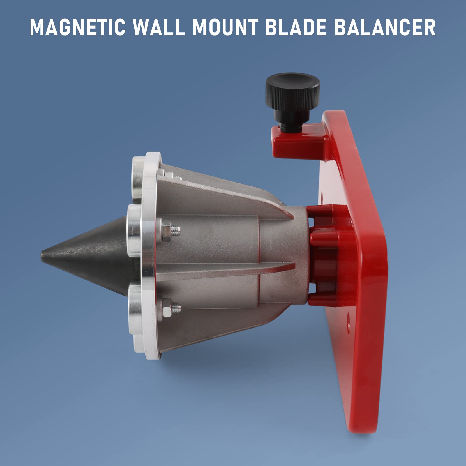 LDMINDA lawnmower blade balancer in use on a wall-mount setup