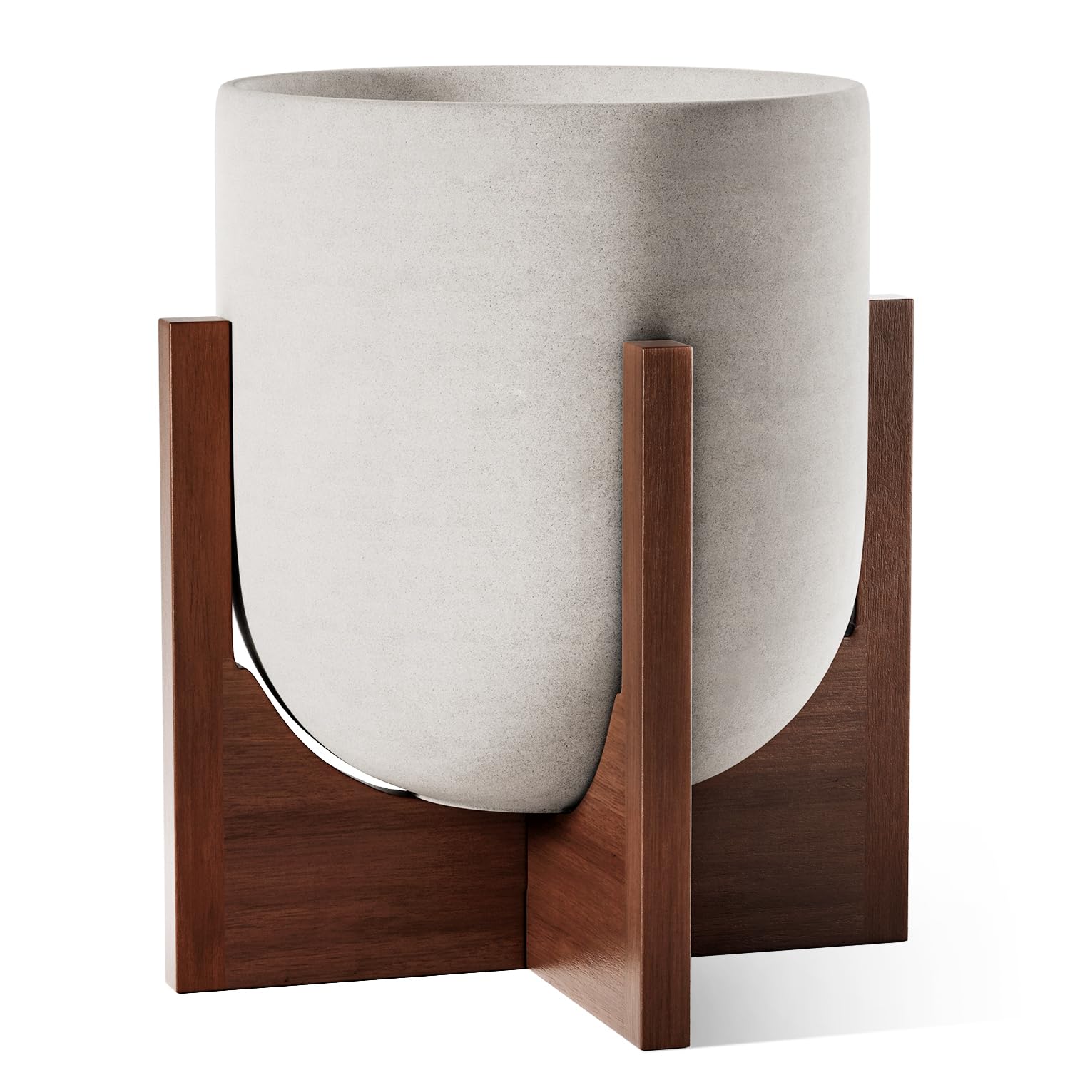 LE TAUCI 12-inch ceramic pot with acacia wood stand ready for indoor plants
