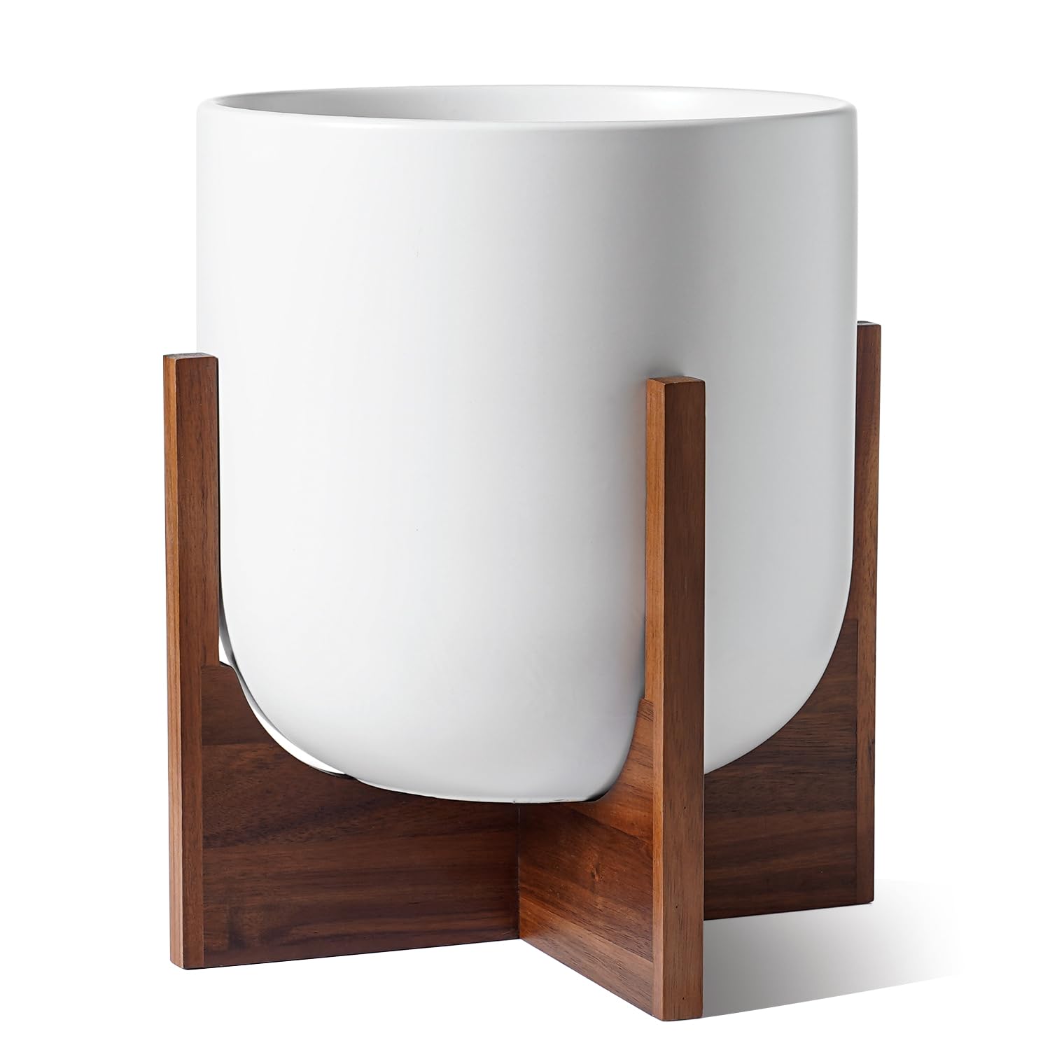 LE TAUCI 12-inch plant pot with wood stand for elevated indoor display.