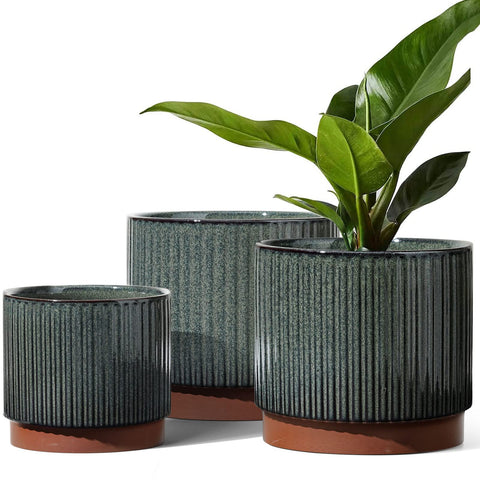 LE TAUCI ceramic planter, 8-inch striped with drainage for indoor or outdoor use.