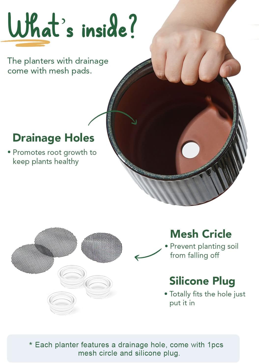 LE TAUCI planter close-up shows drainage holes and mesh pad.
