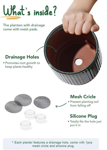 LE TAUCI planter close-up shows drainage holes and mesh pad.