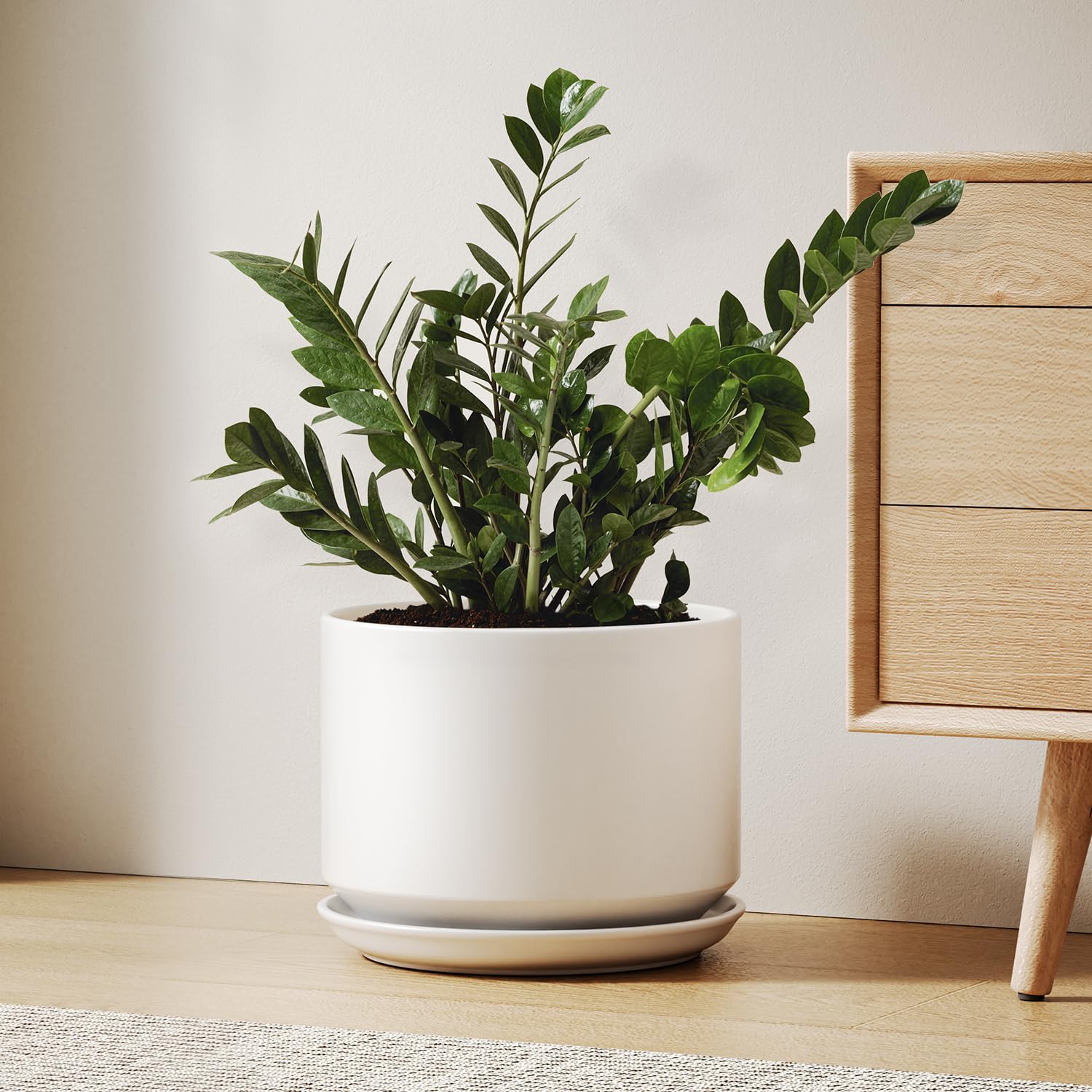 LE TAUCI 10-inch ceramic pot with drainage hole and saucer for healthy indoor plant growth