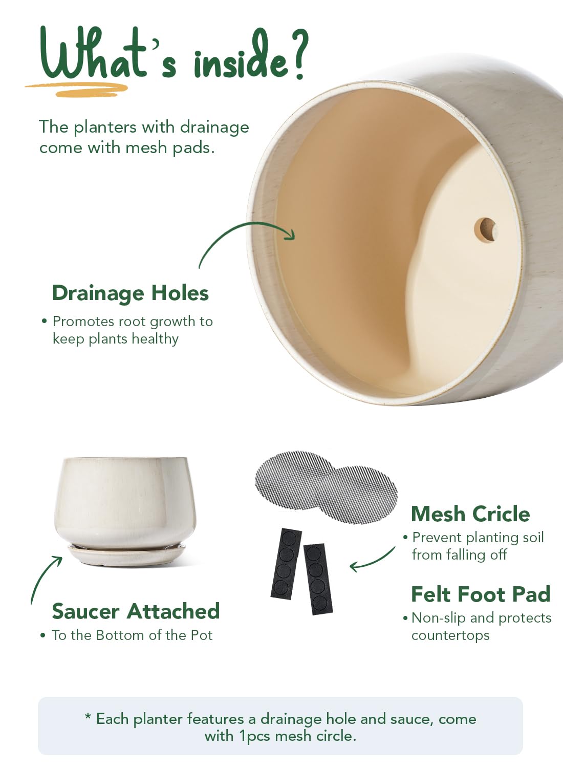 LE TAUCI ceramic pot with mesh pad and rubber feet for stable placement.