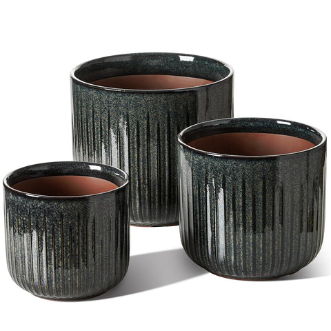 LE TAUCI ceramic pots in dark olive glossy glaze for stylish indoor plant displays.