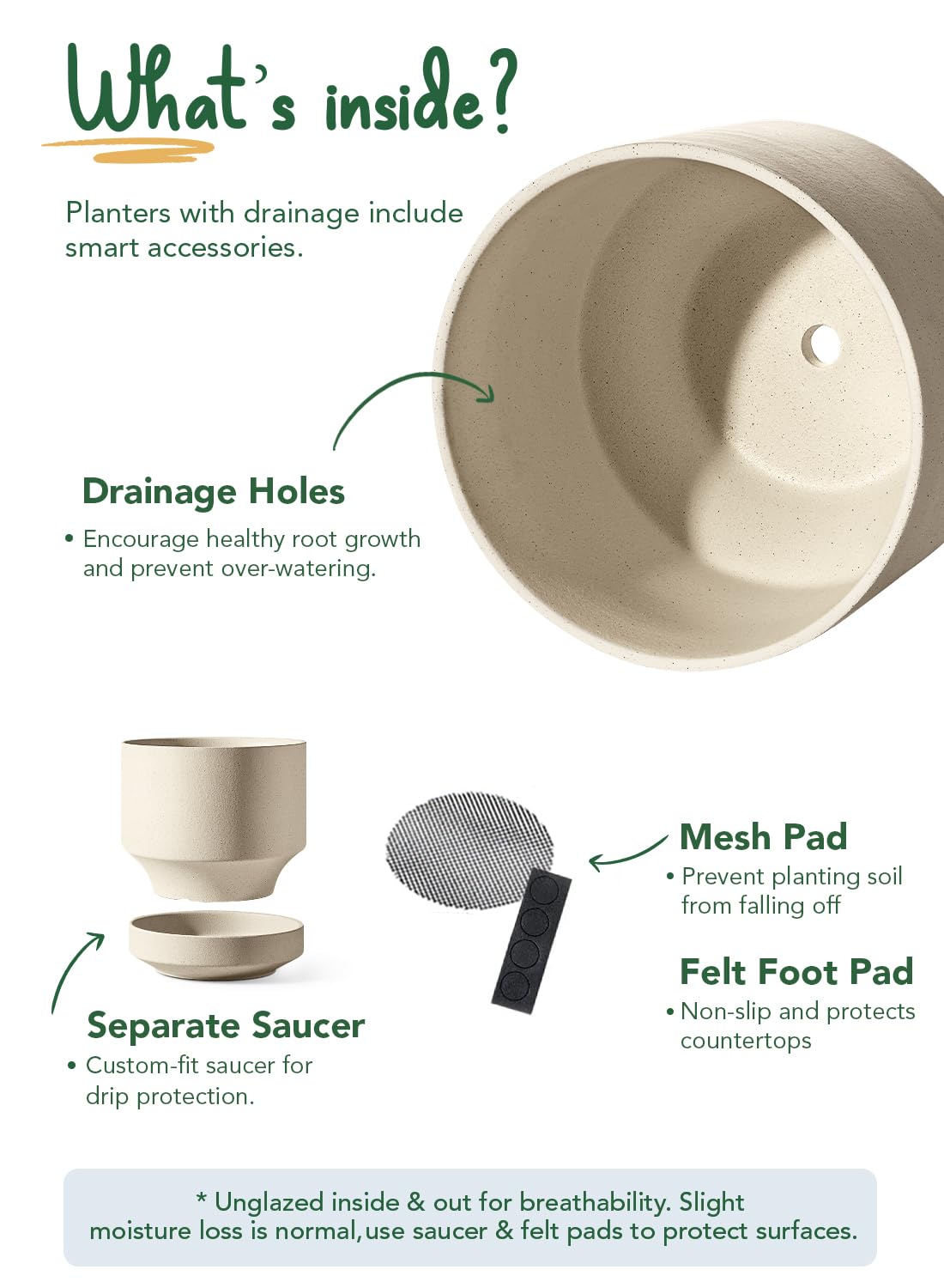 LE TAUCI 14-inch pot features mesh pad to prevent soil loss