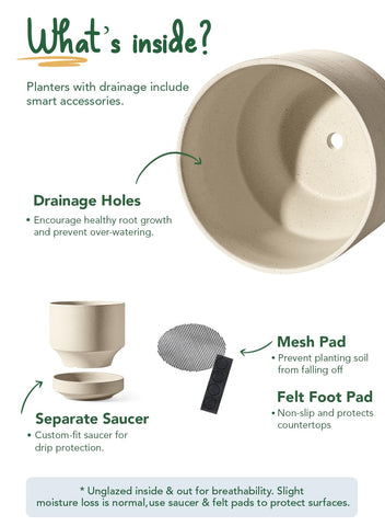 LE TAUCI 14-inch pot features mesh pad to prevent soil loss
