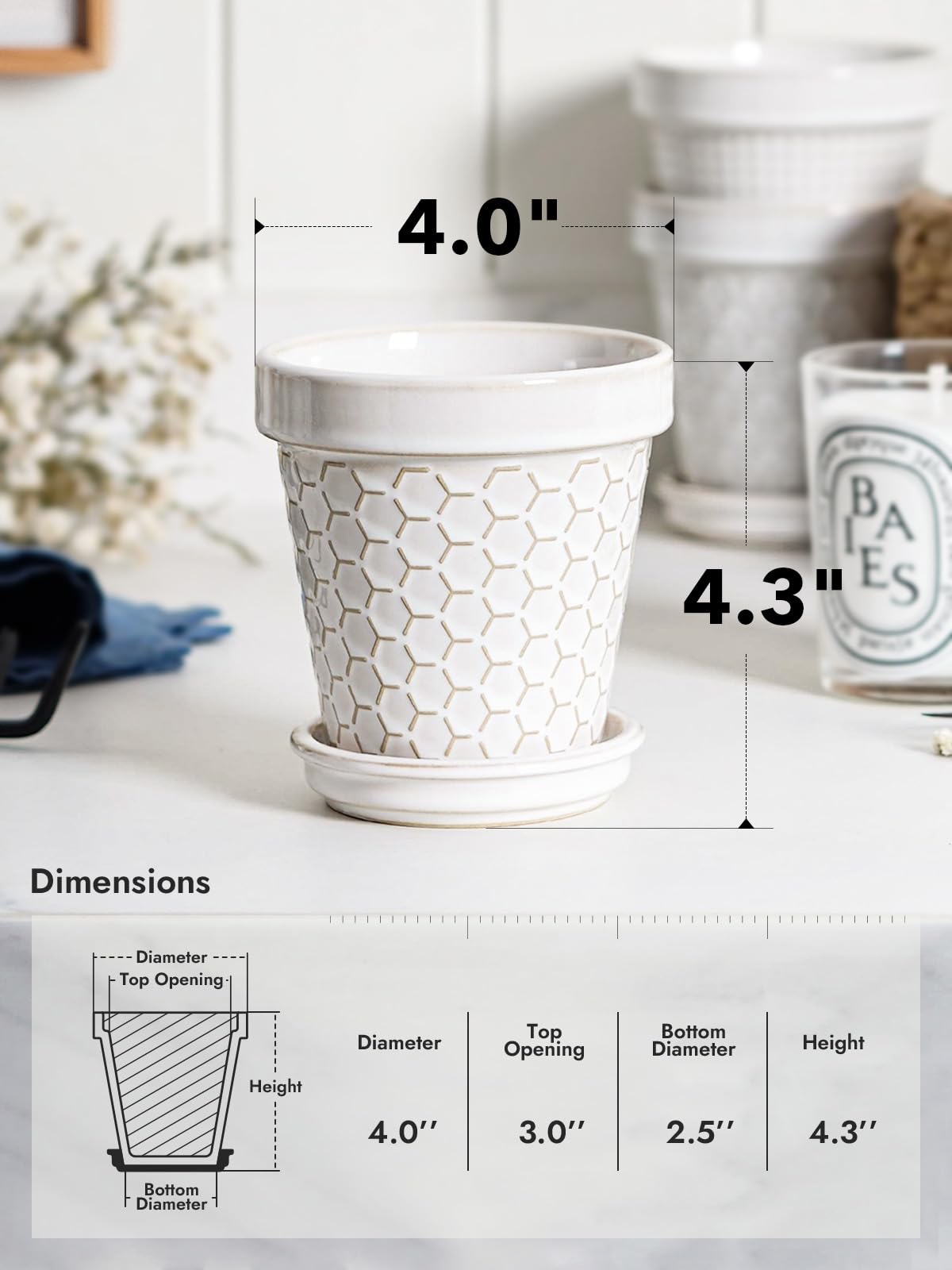 LE TAUCI pots feature drainage holes and a drip pan to protect surfaces