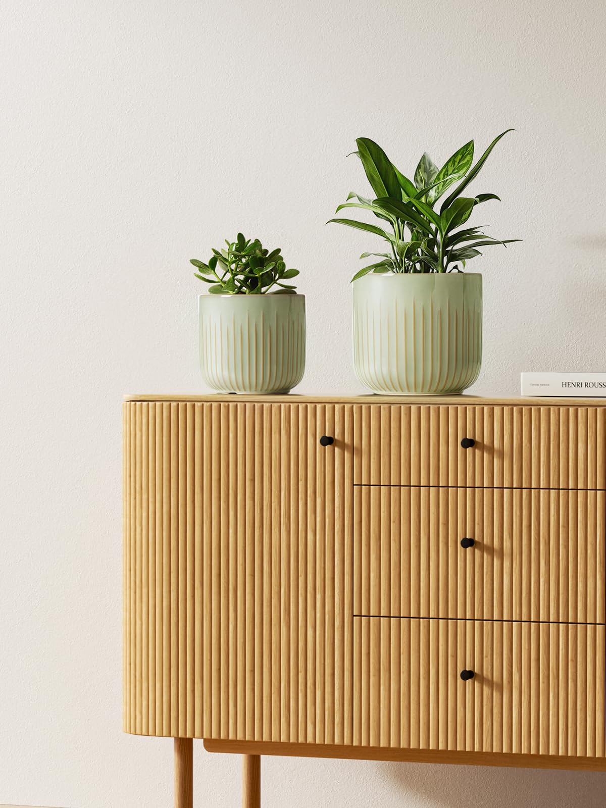 LE TAUCI 7-inch sage-green glossy fluted planter stacked with other sizes
