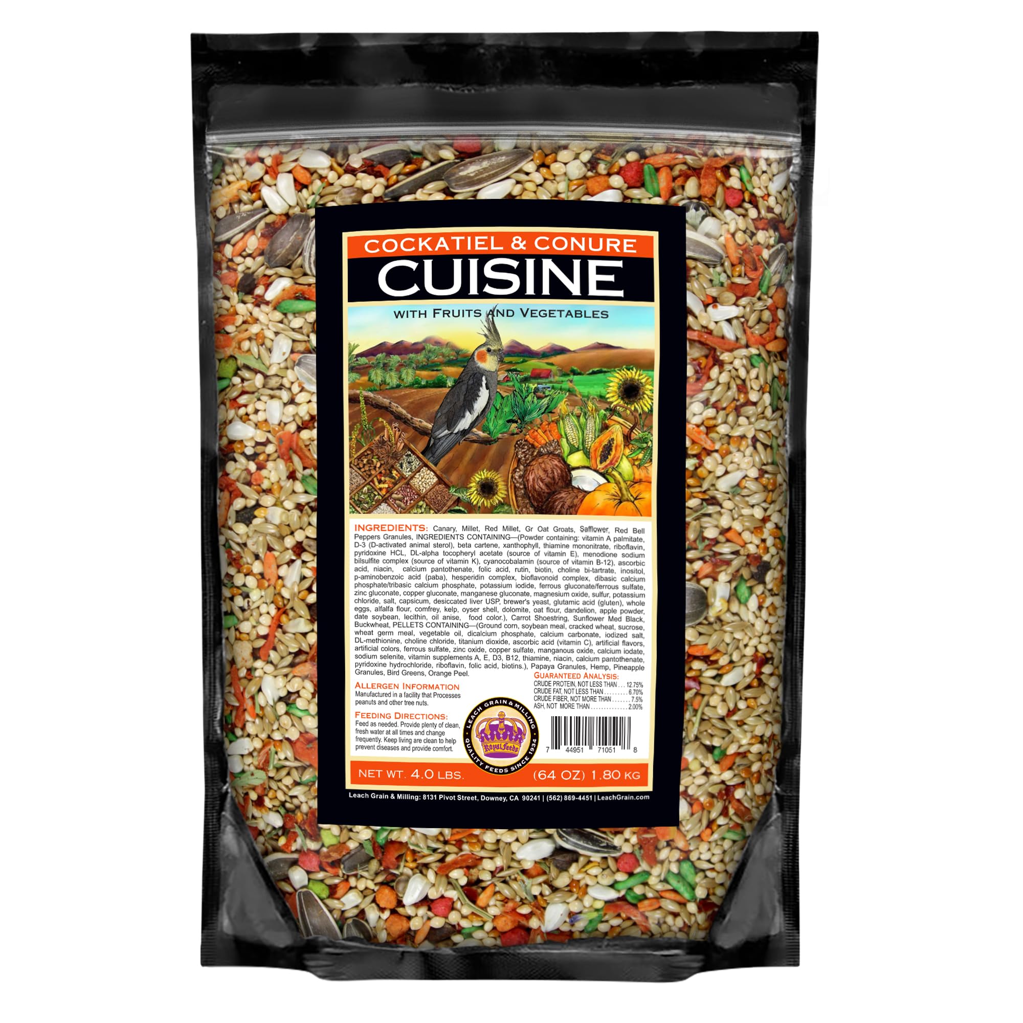 LEACH Cockatiel & Conure Cuisine bag preserves freshness for daily feeding.