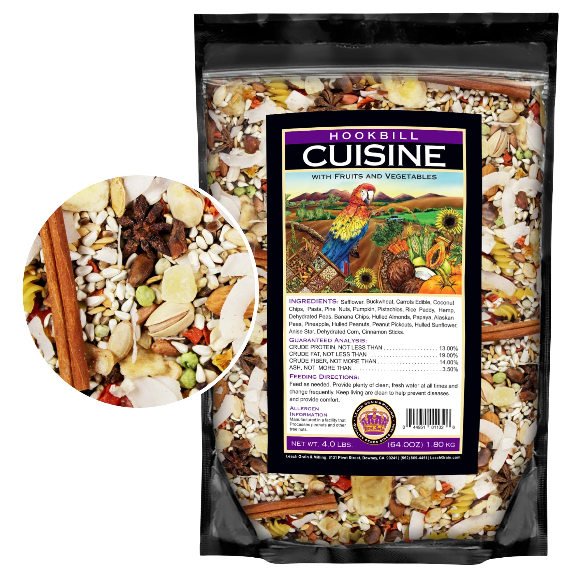 LEACH Large Parrot Cuisine bowl showing premium mix for large parrots