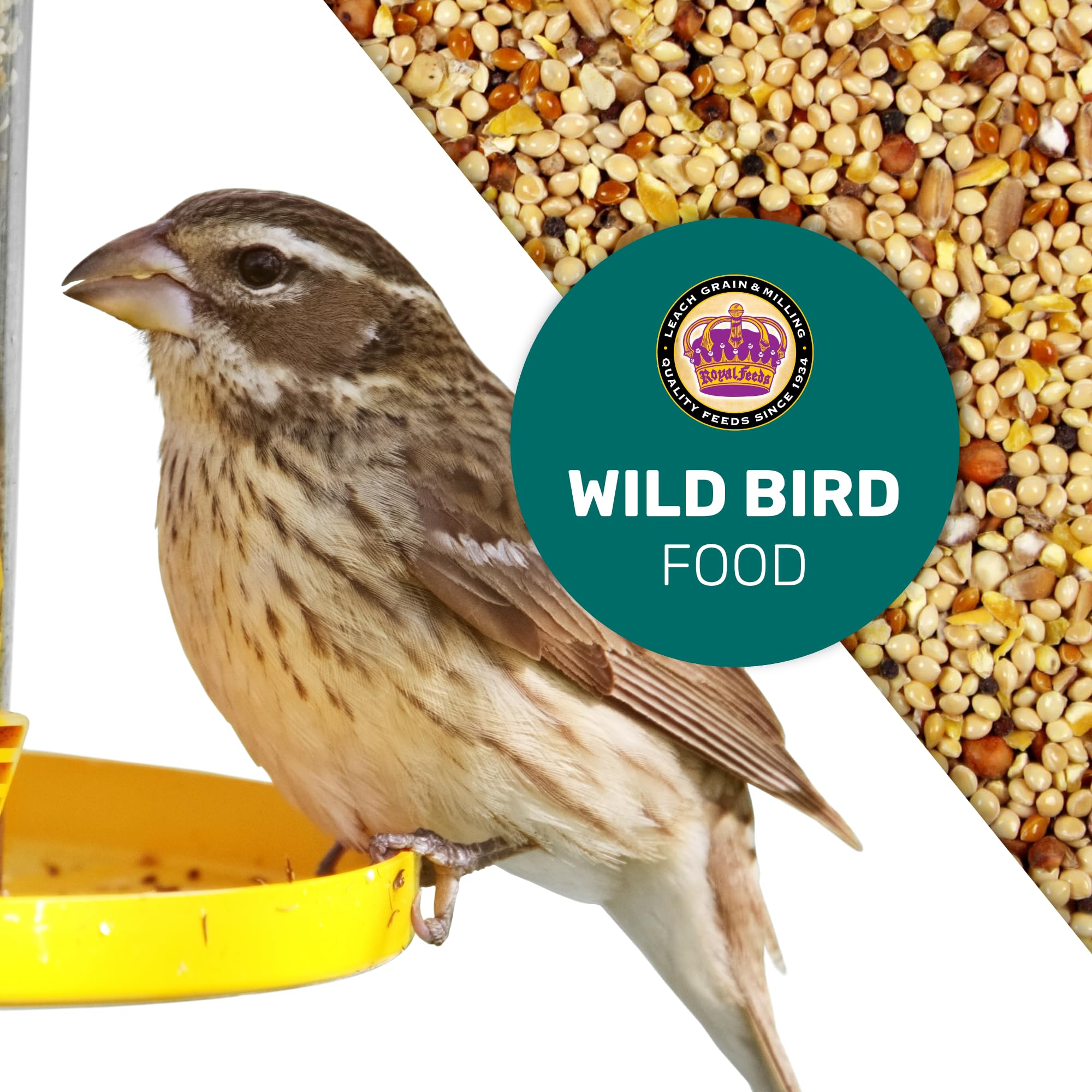 LEACH GRAIN & MILLING CO. Easy-dispense seed mix minimizes clogs and spills during feeding.