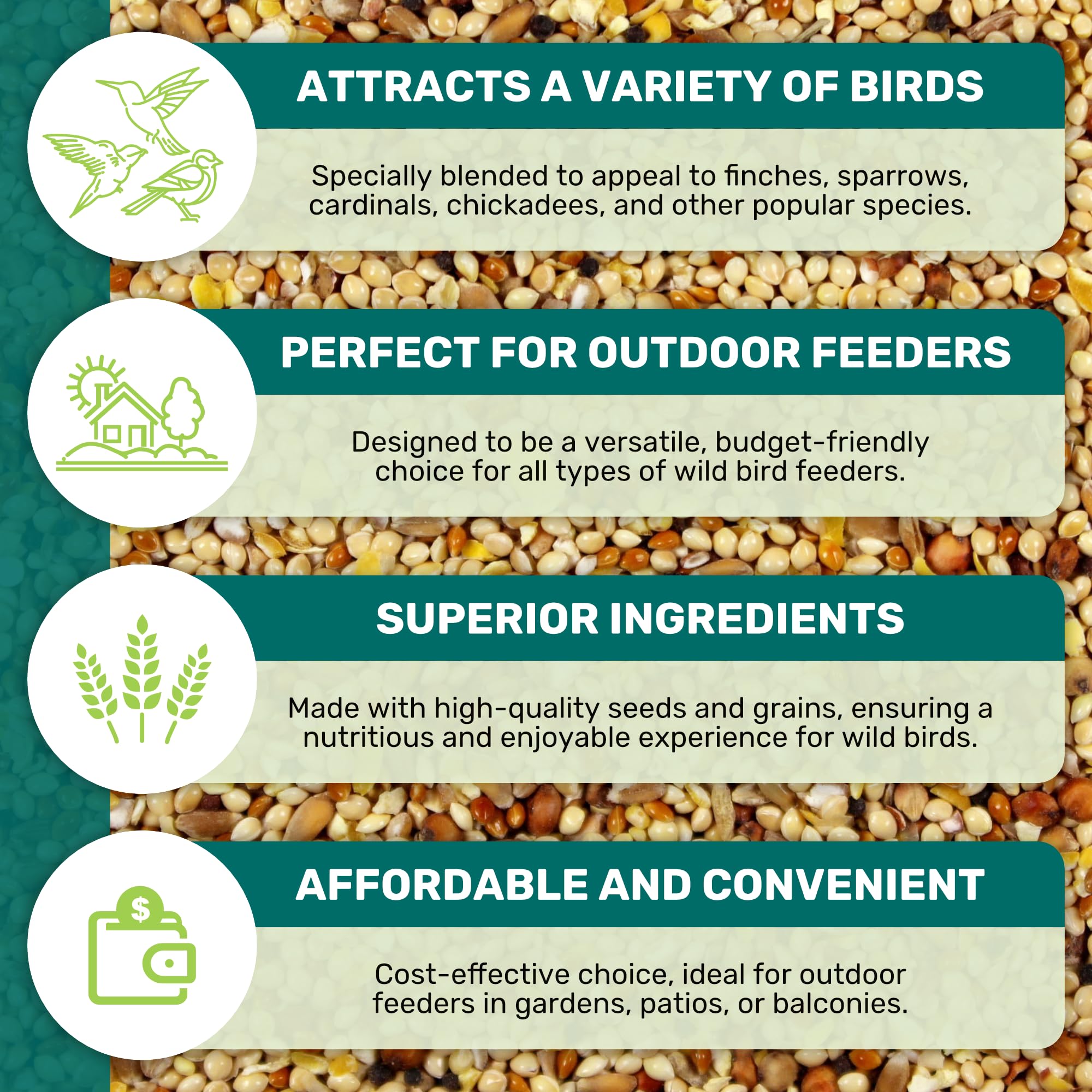 LEACH GRAIN & MILLING CO. Weather-resistant seed bag helps reduce waste in rain or humidity.