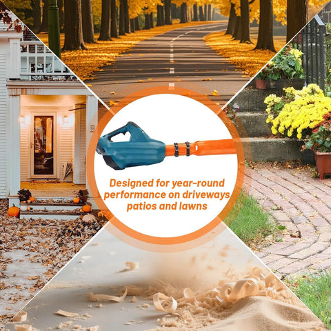 Leaf Blower Air Booster shows adjustable straps for secure fit on 2–4 inch nozzles.