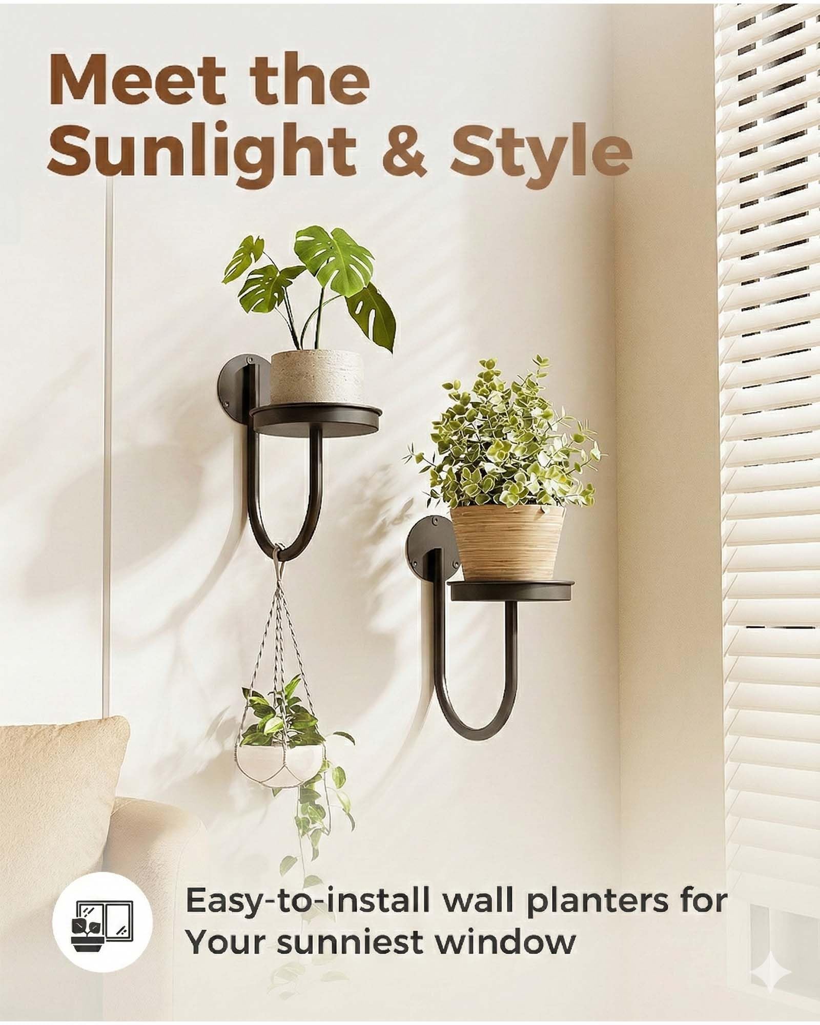 Leaf&lull hanging plant holder on wall, sleek black decor for indoor plants.