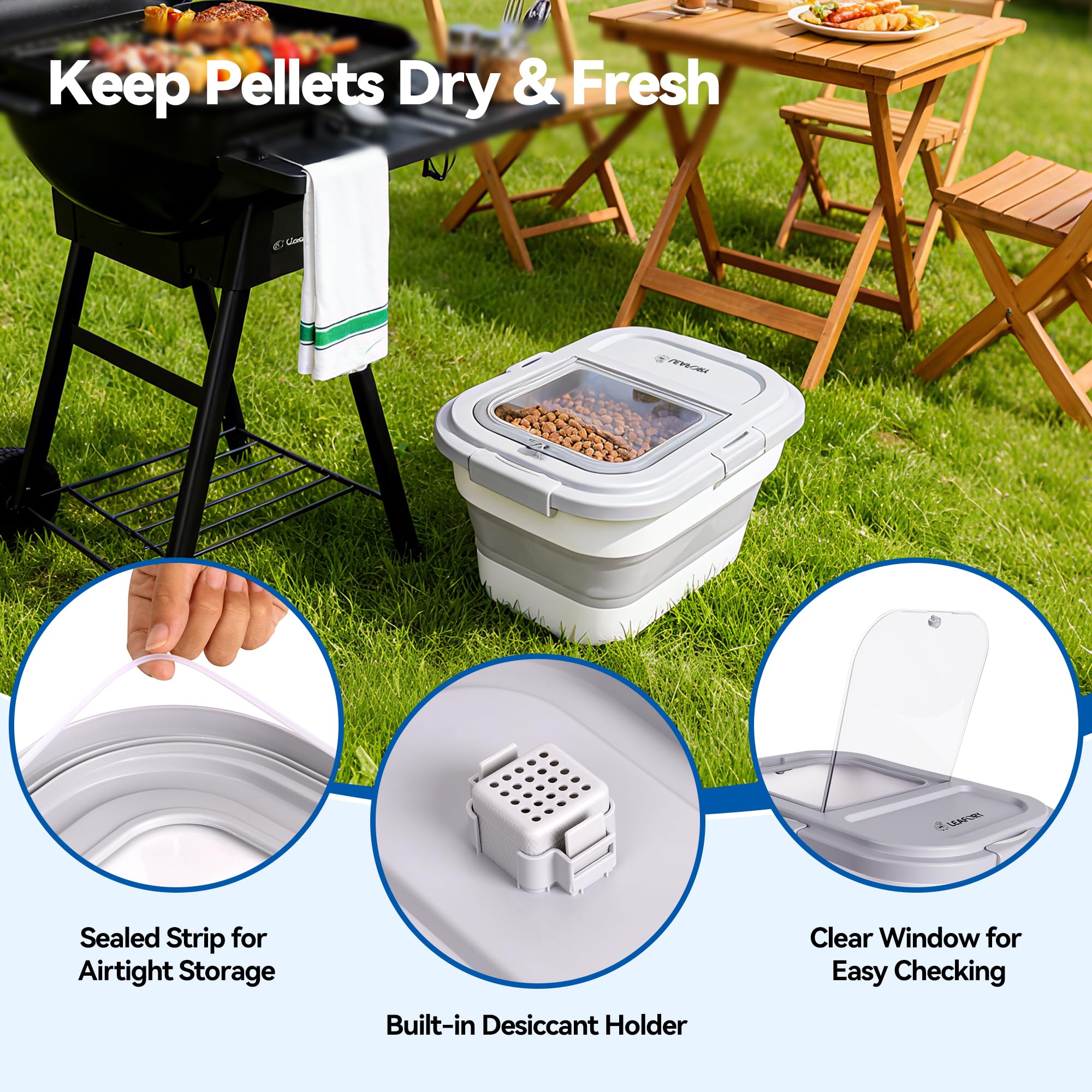 Leafory pellet storage container clear window shows pellet freshness at a glance