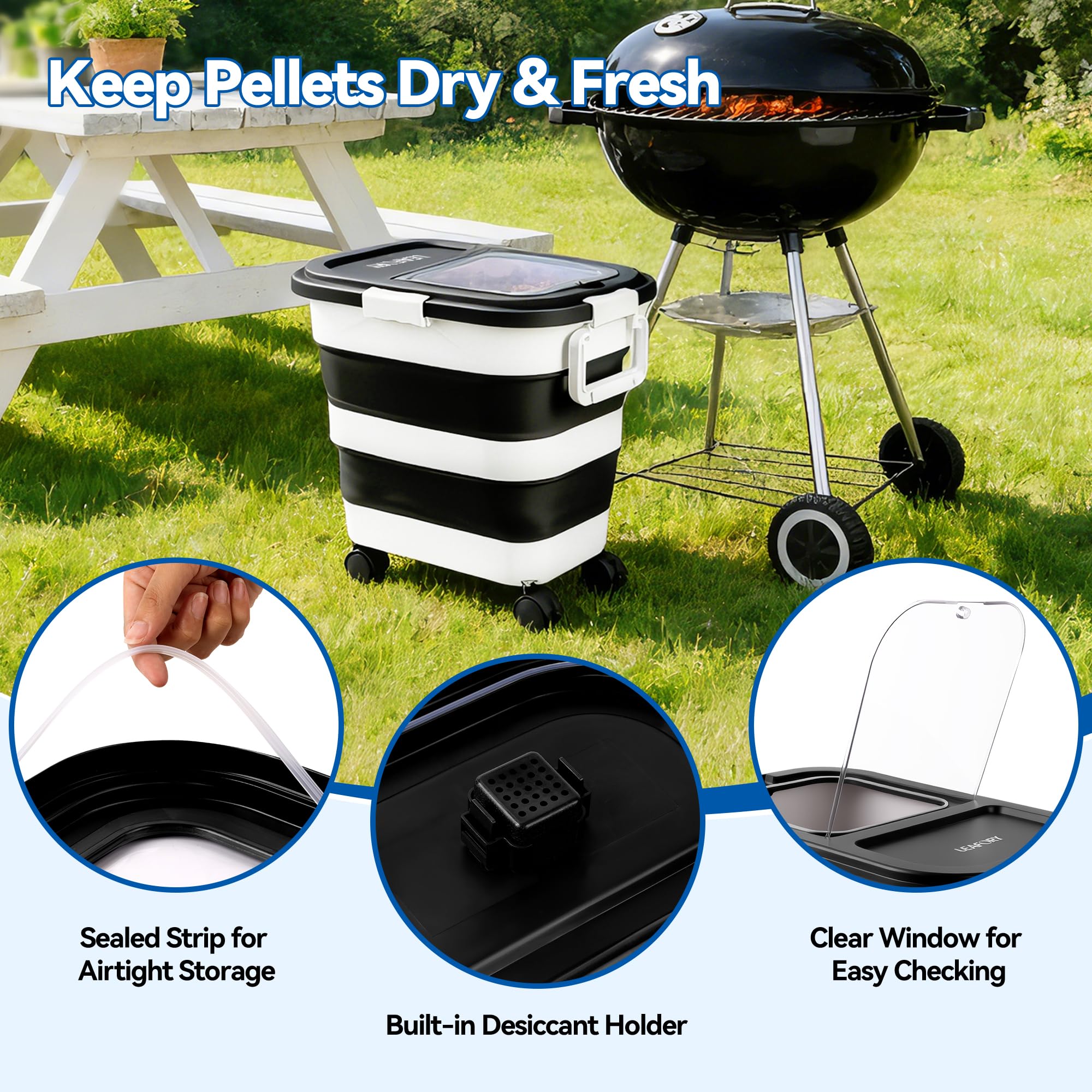 Leafory storage container with locking lid keeps pellets dry and secure