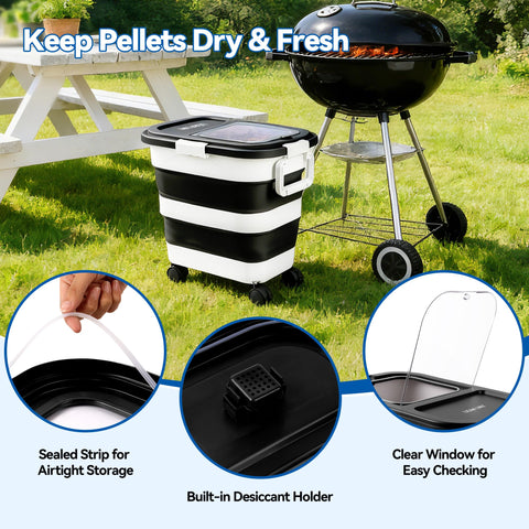 Leafory storage container with locking lid keeps pellets dry and secure