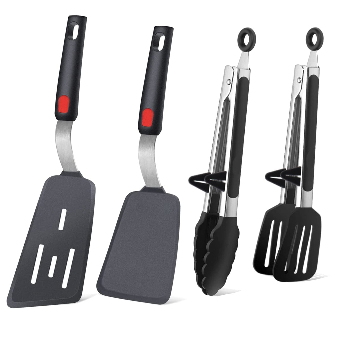 Leakind 4-piece spatula and tongs set, assembly view for versatile cooking prep