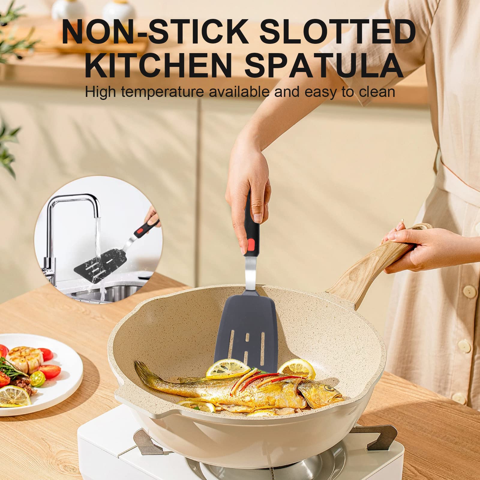 Leakind scalloped-head tongs gripping salad greens securely