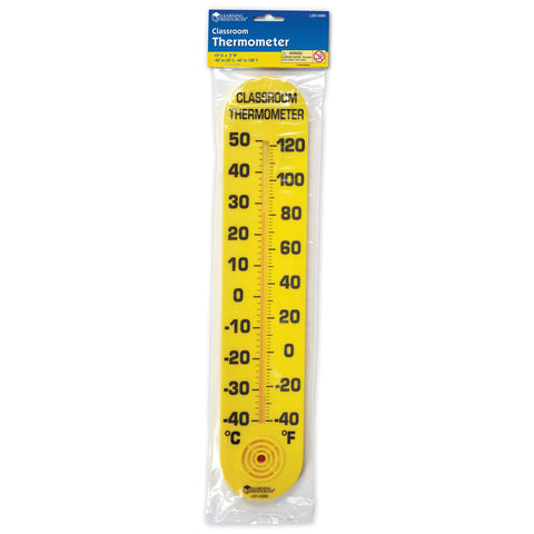 Learning Resources Classroom Thermometer features recessed tube to prevent breakage in busy rooms.