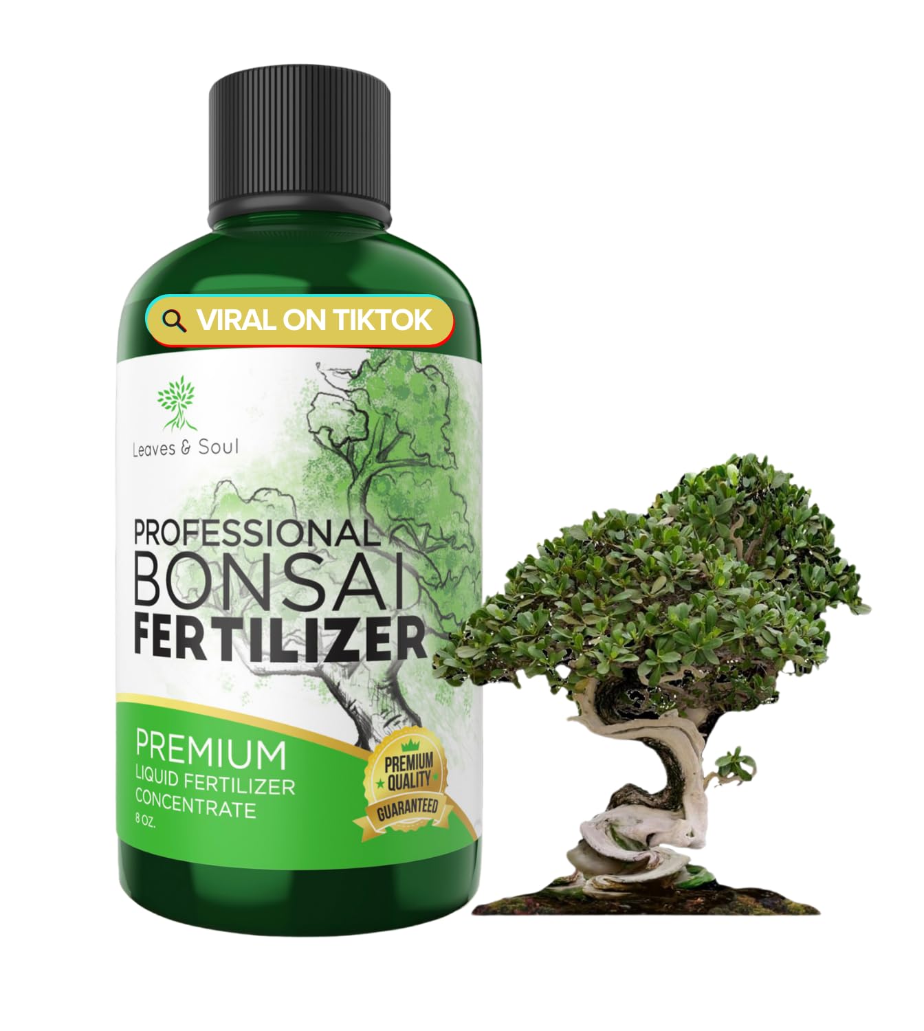 Leaves and Soul bonsai fertilizer bottle 8oz highlights easy application and steady nourishing boost.