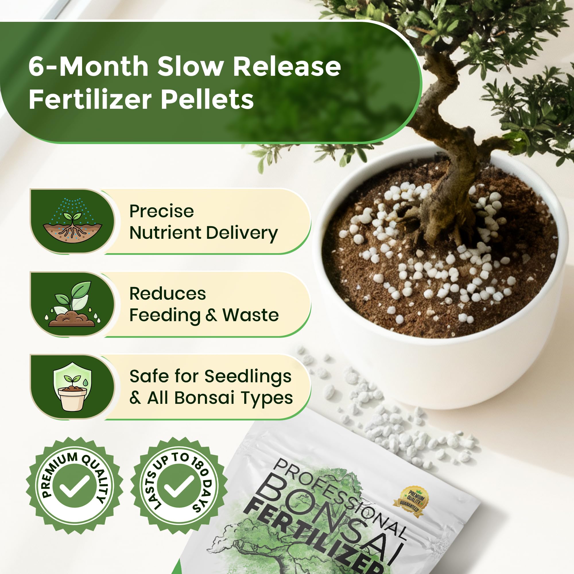 Leaves and Soul bonsai fertilizer pellets in a resealable bag for storage.