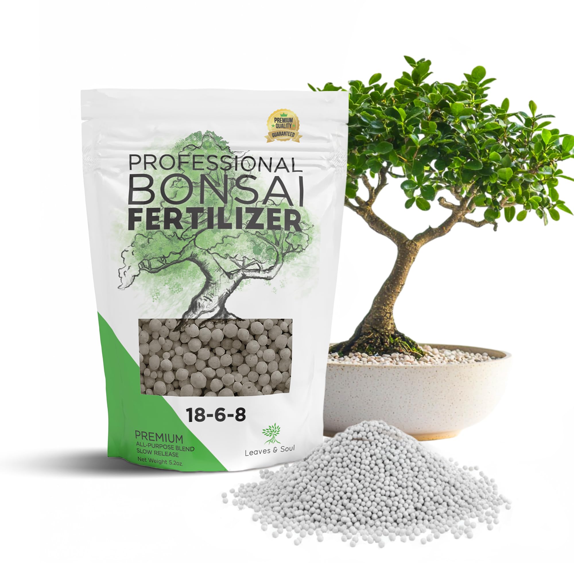 Leaves and Soul bonsai fertilizer pellets close-up showing slow-release granules for steady growth.