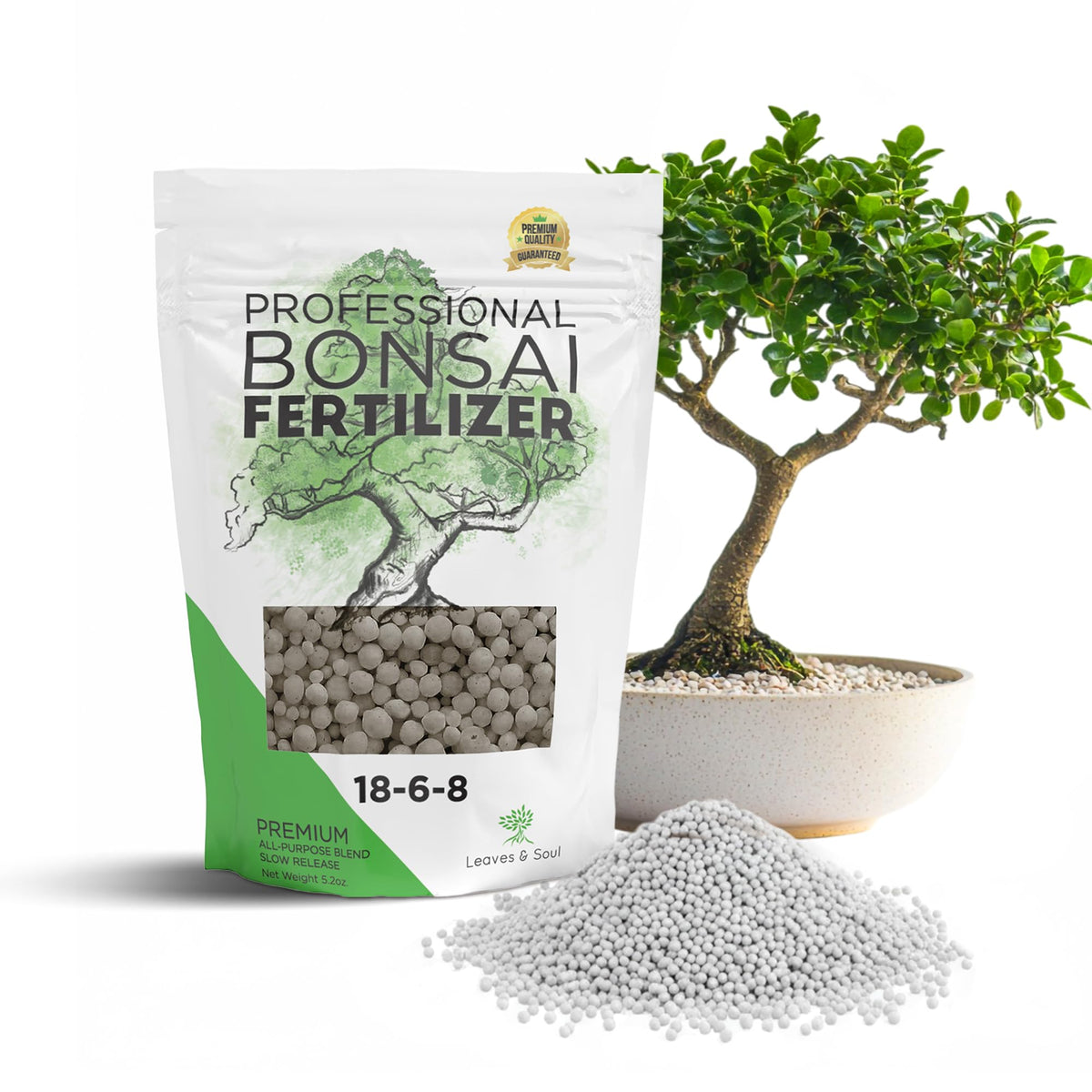 Leaves and Soul bonsai fertilizer pellets close-up showing slow-release granules for steady growth.
