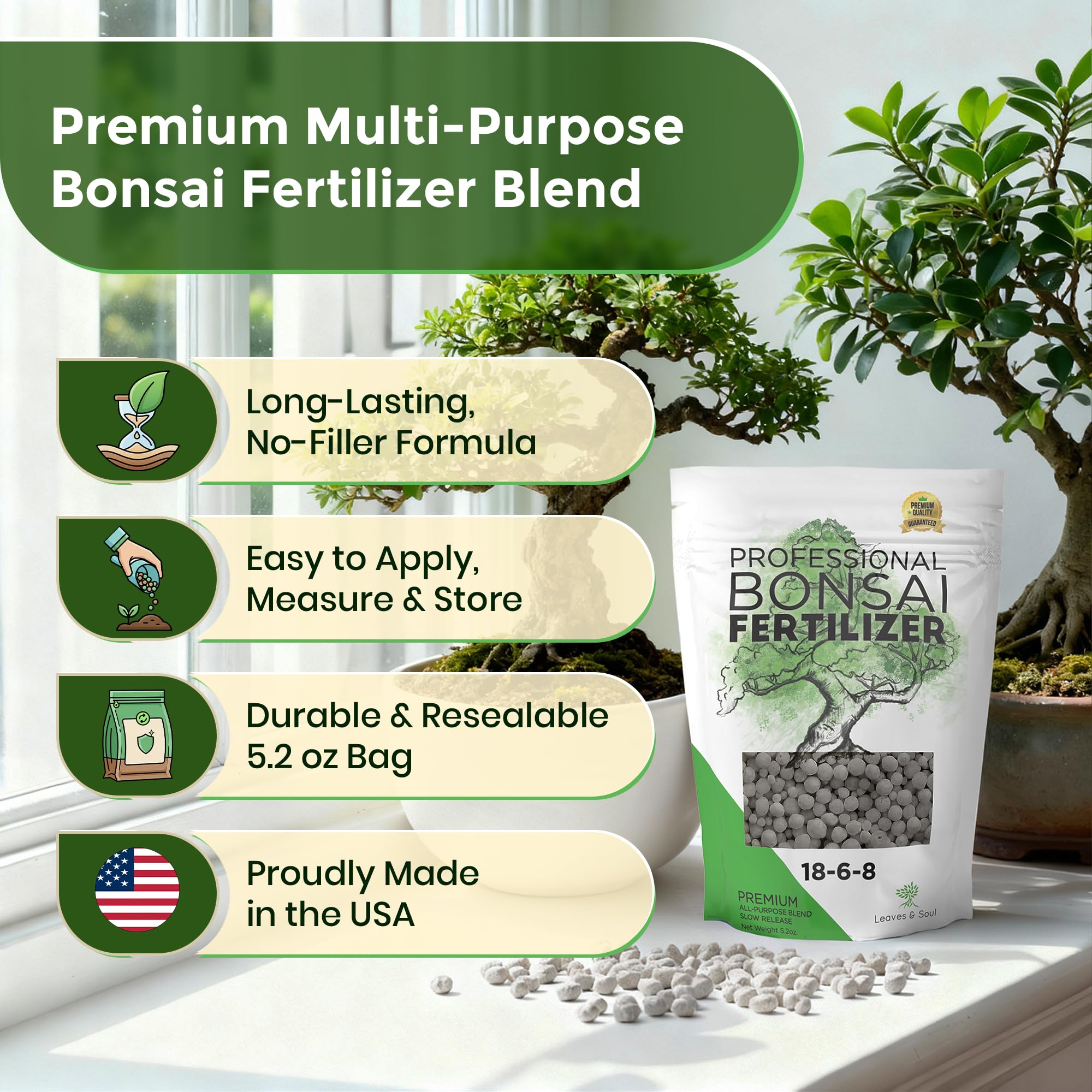 Leaves and Soul bonsai fertilizer pellets slow-release granules ready to feed bonsai.