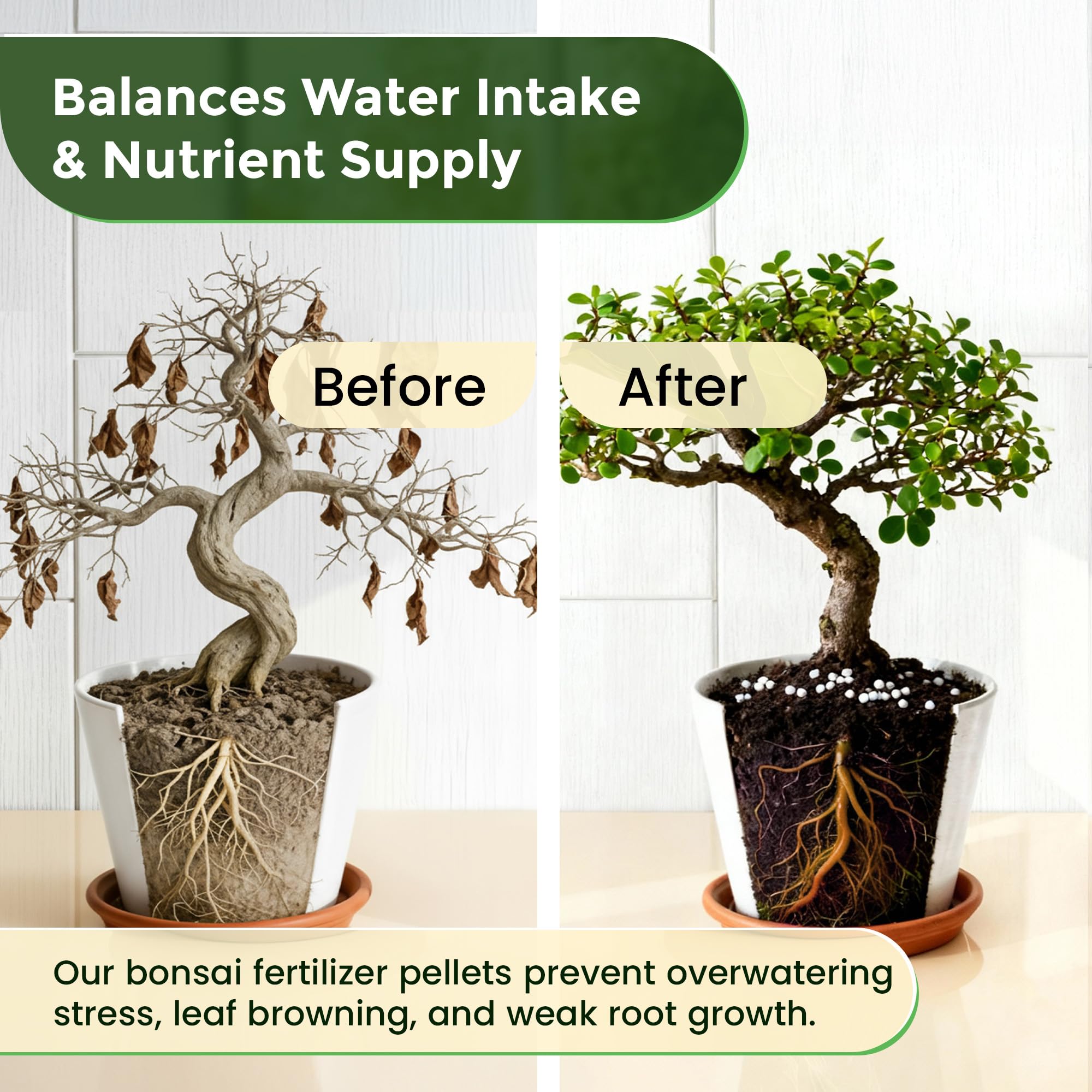 Leaves and Soul bonsai fertilizer pellets packaging highlights USA-made quality.