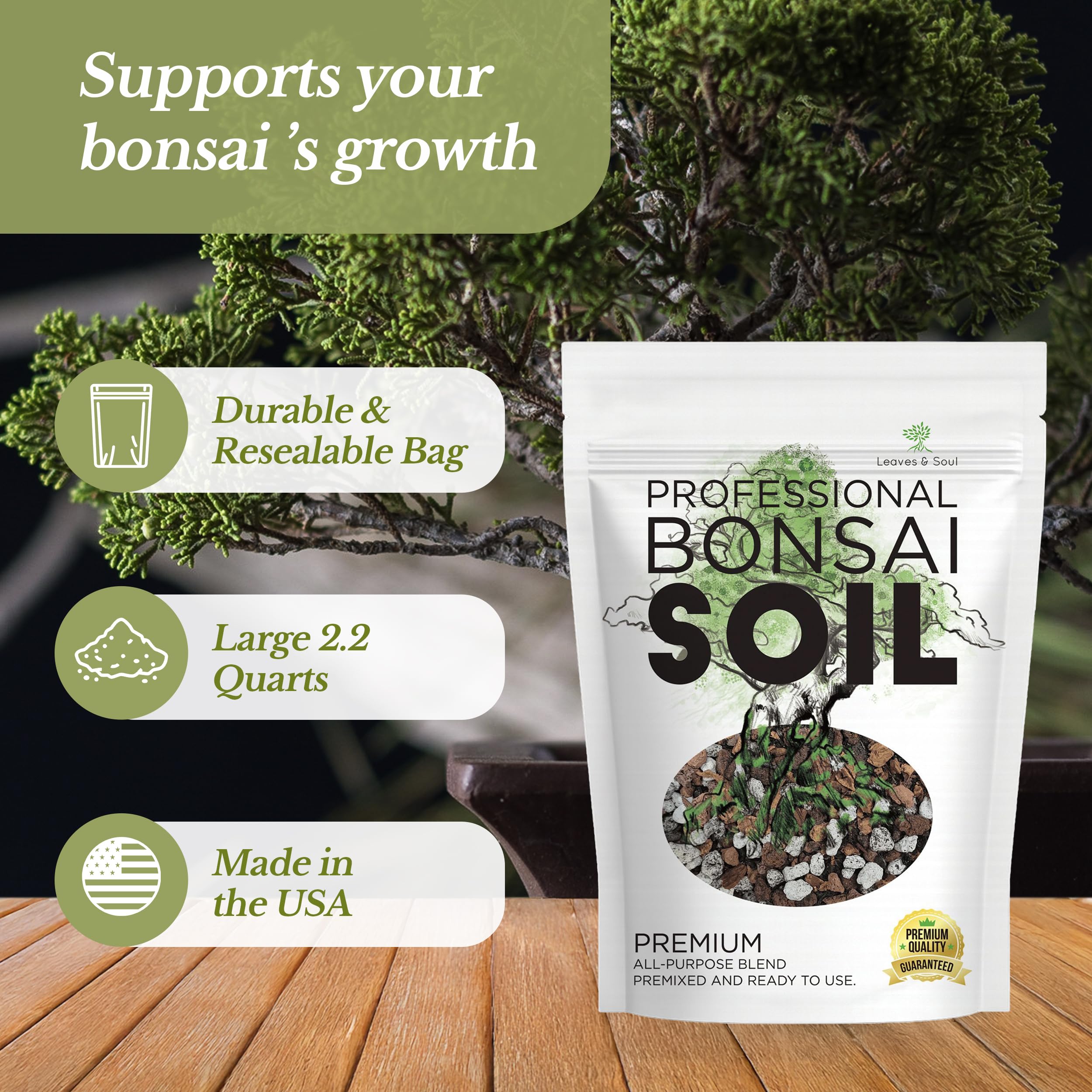Close-up of leaves and soul bonsai soil ingredients highlighting lava rock components.