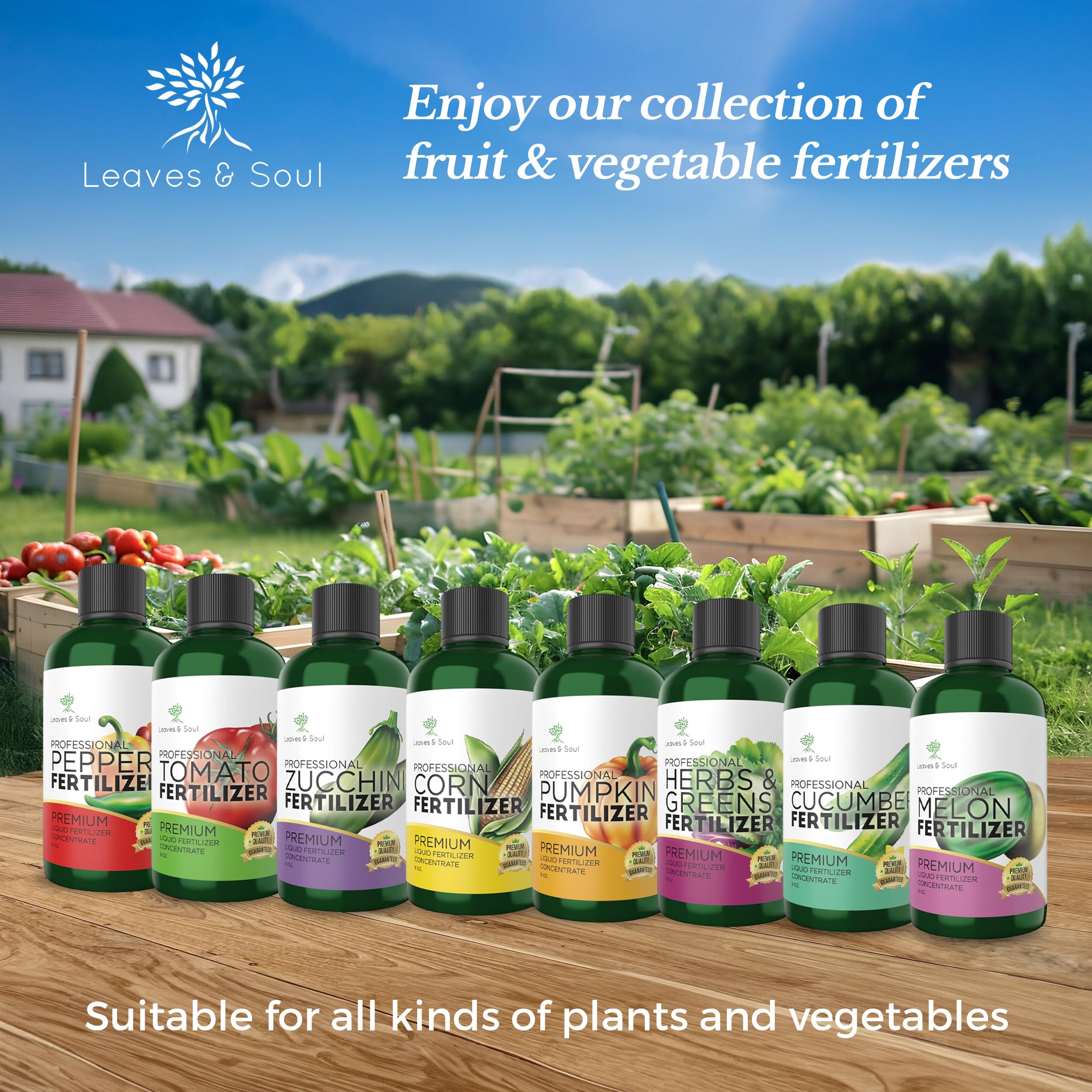 Leaves and Soul multi-purpose garden kit highlights versatile feeding for peppers and crops.