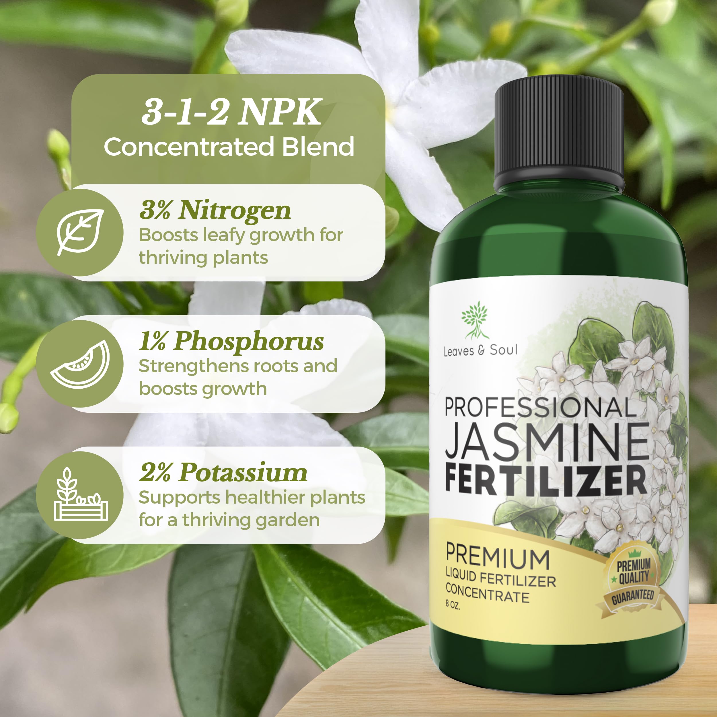Leaves and Soul Jasmine fertilizer ready to dilute, blends with water for easy feeding.