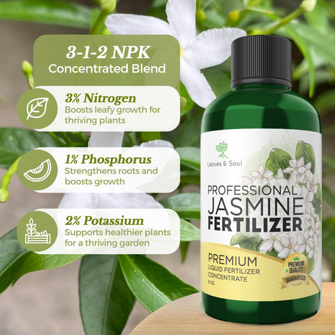 Leaves and Soul Jasmine fertilizer ready to dilute, blends with water for easy feeding.