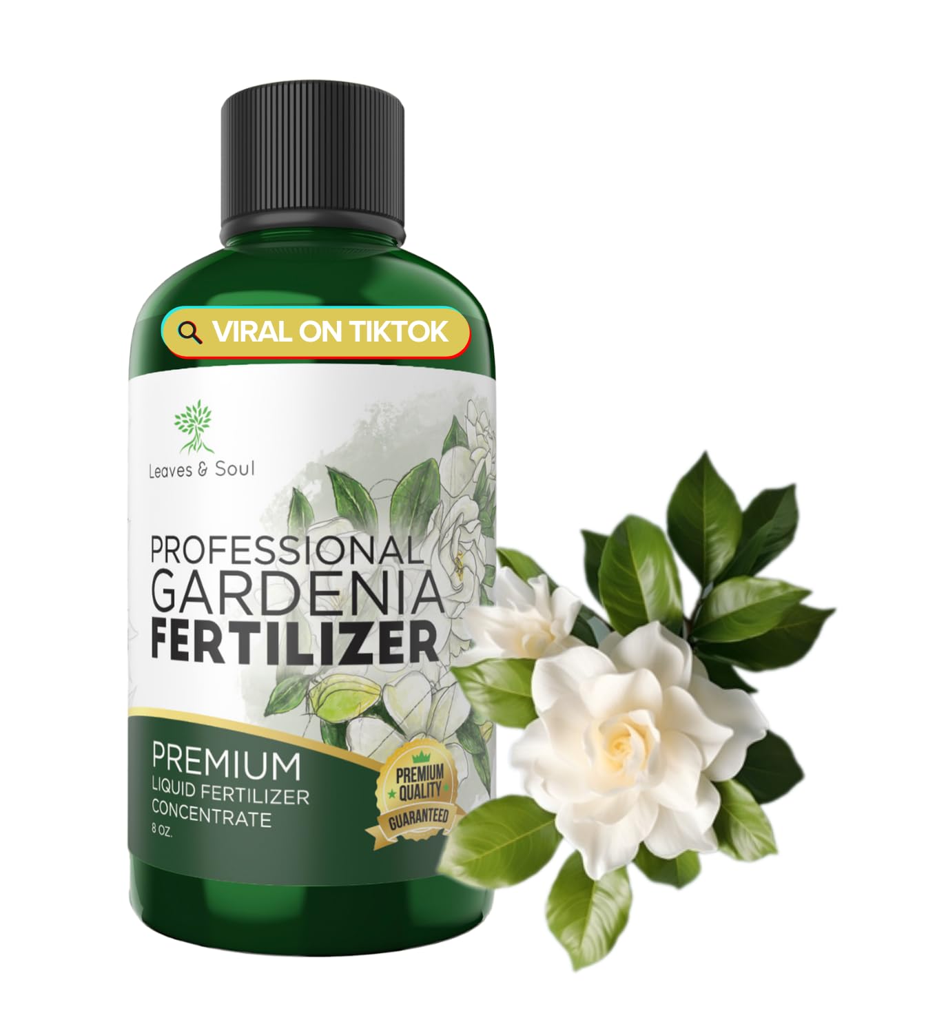 Leaves and Soul liquid Gardenia fertilizer bottle ready for steady indoor plant feeding.