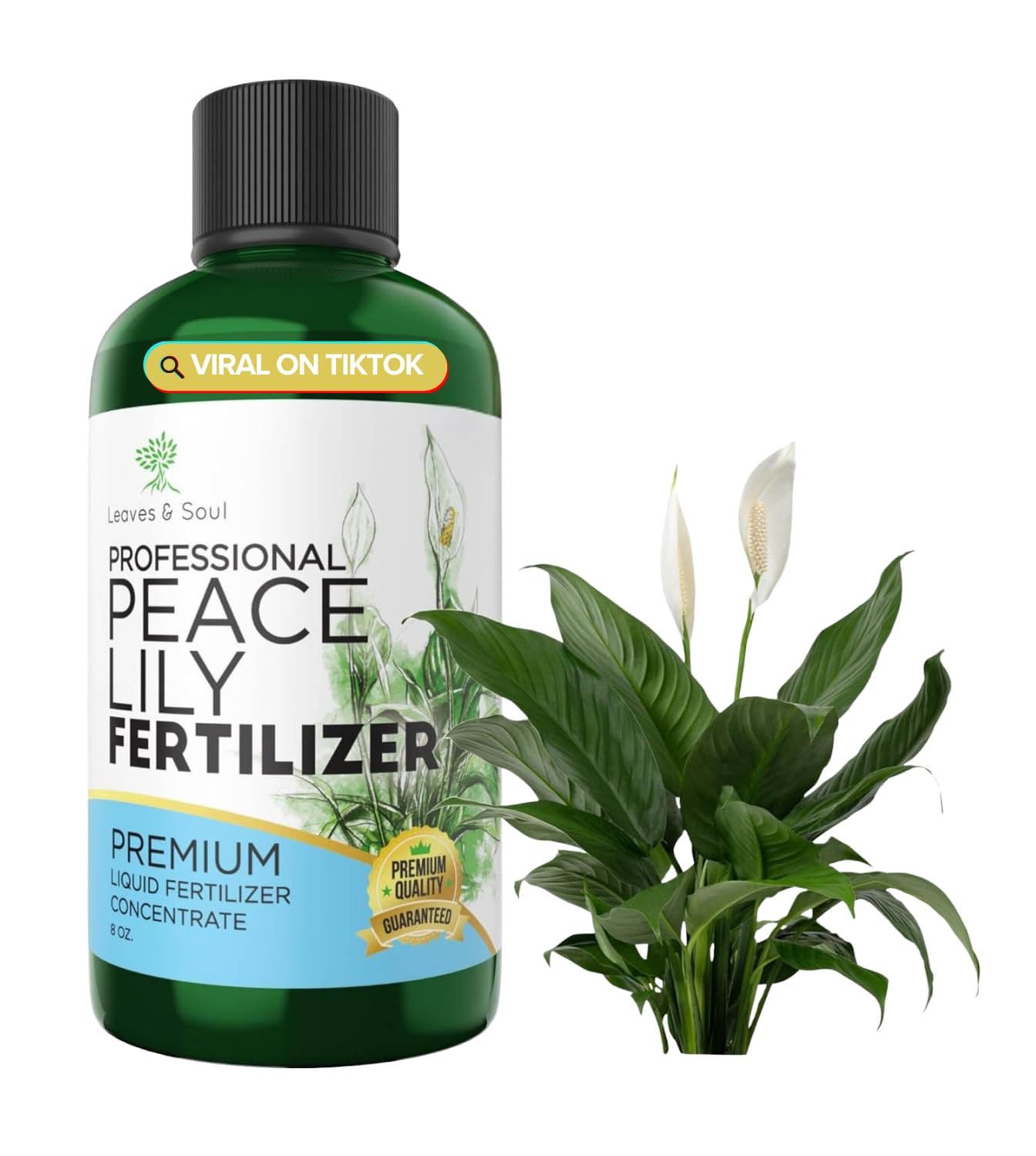 Leaves and Soul liquid Peace Lily fertilizer bottle promotes vibrant growth.